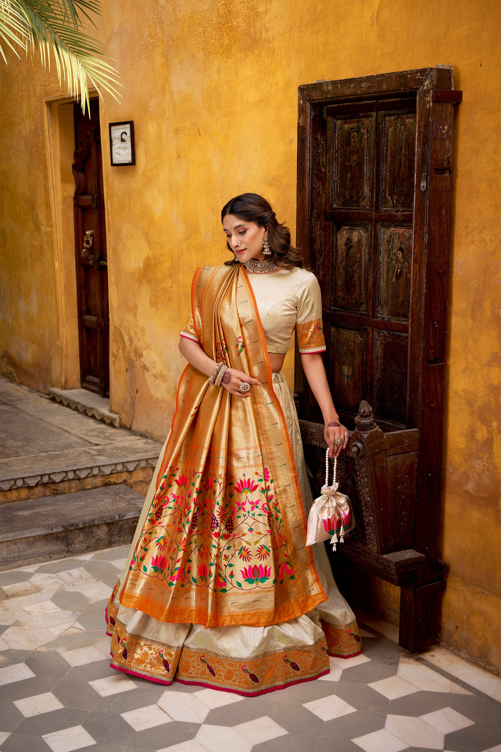 Off White Silk Paithani Lehenga Choli with Zari and Lace