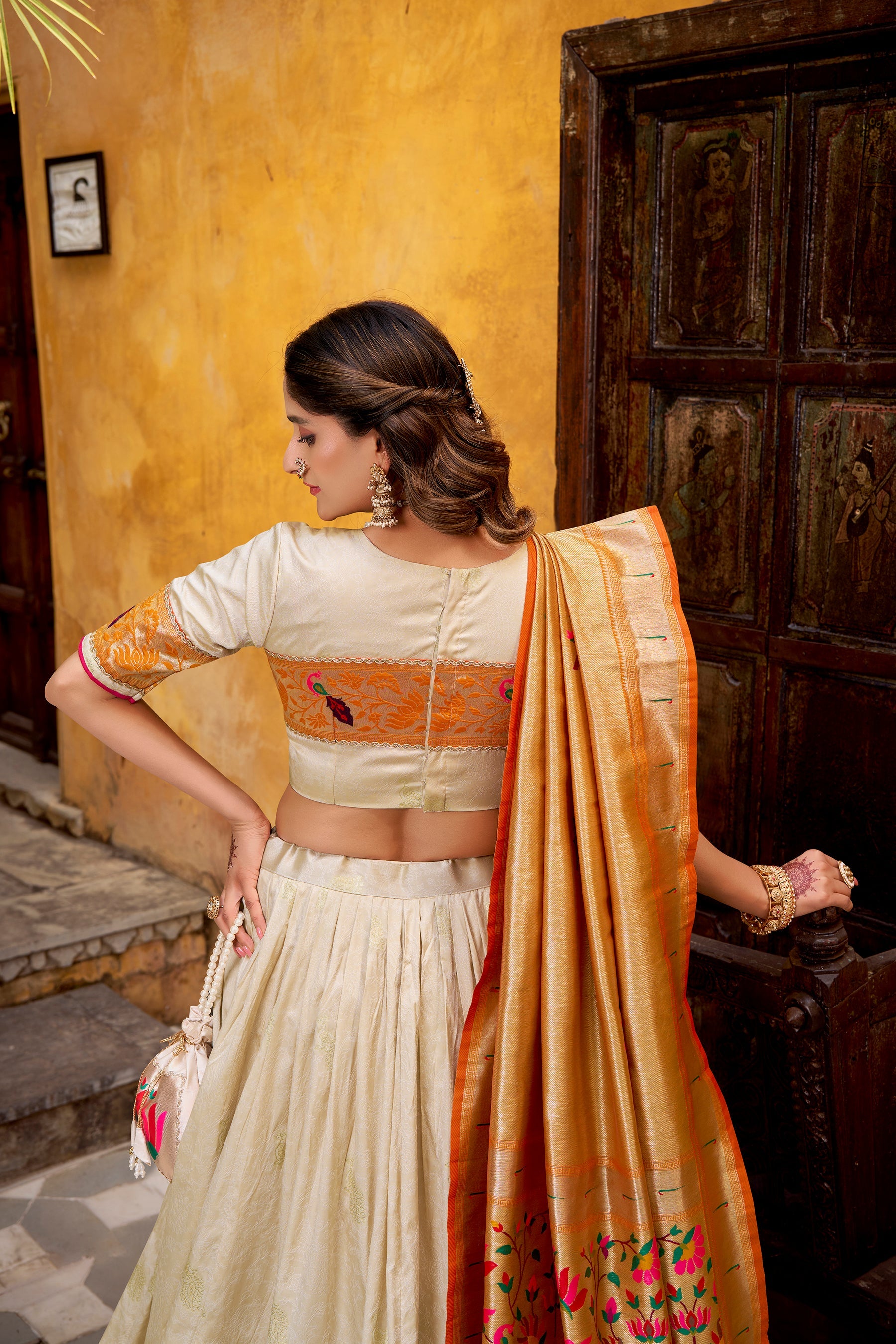 Off White Silk Paithani Lehenga Choli with Zari and Lace