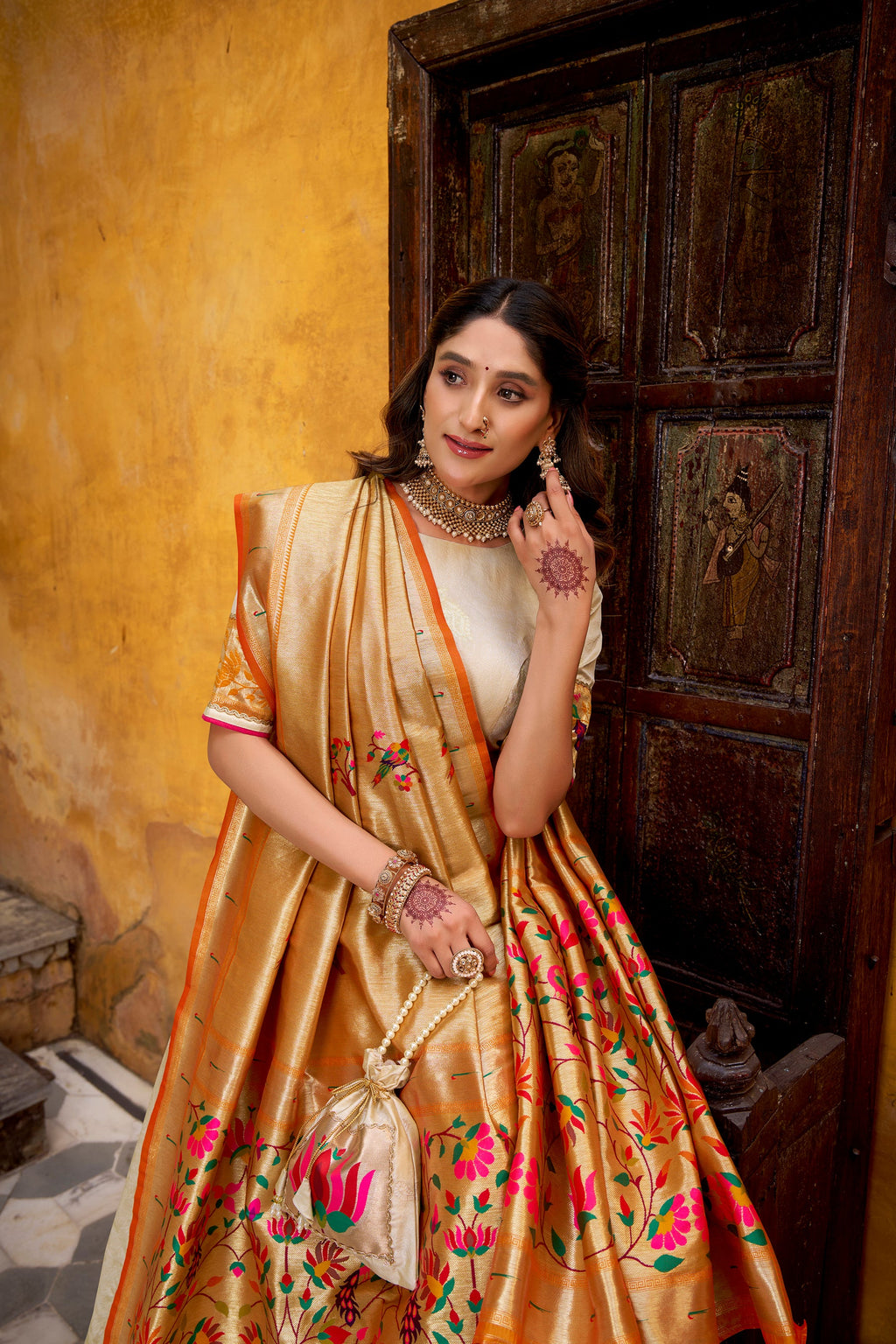 Off White Silk Paithani Lehenga Choli with Zari and Lace