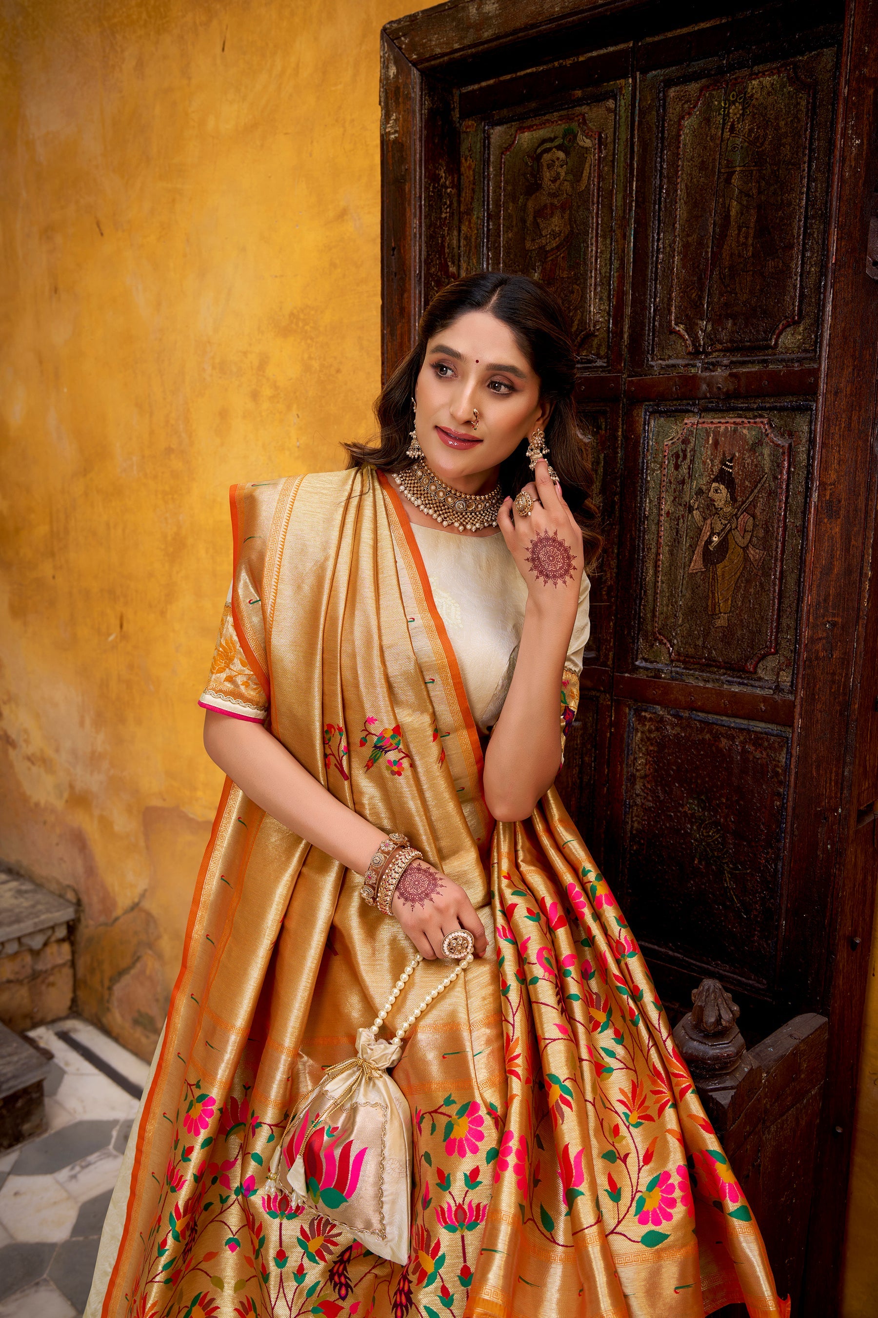 Off White Silk Paithani Lehenga Choli with Zari and Lace