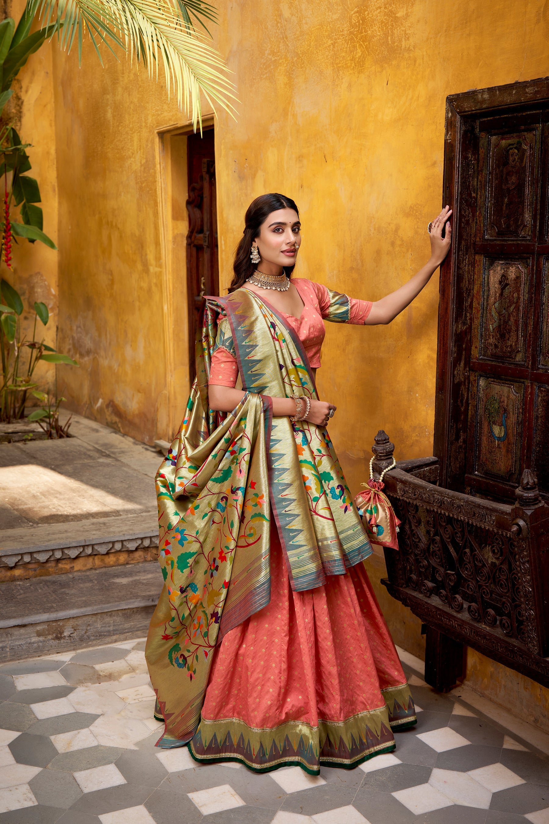 Peach Silk Paithani Lehenga Choli with Zari Weaving and Lace