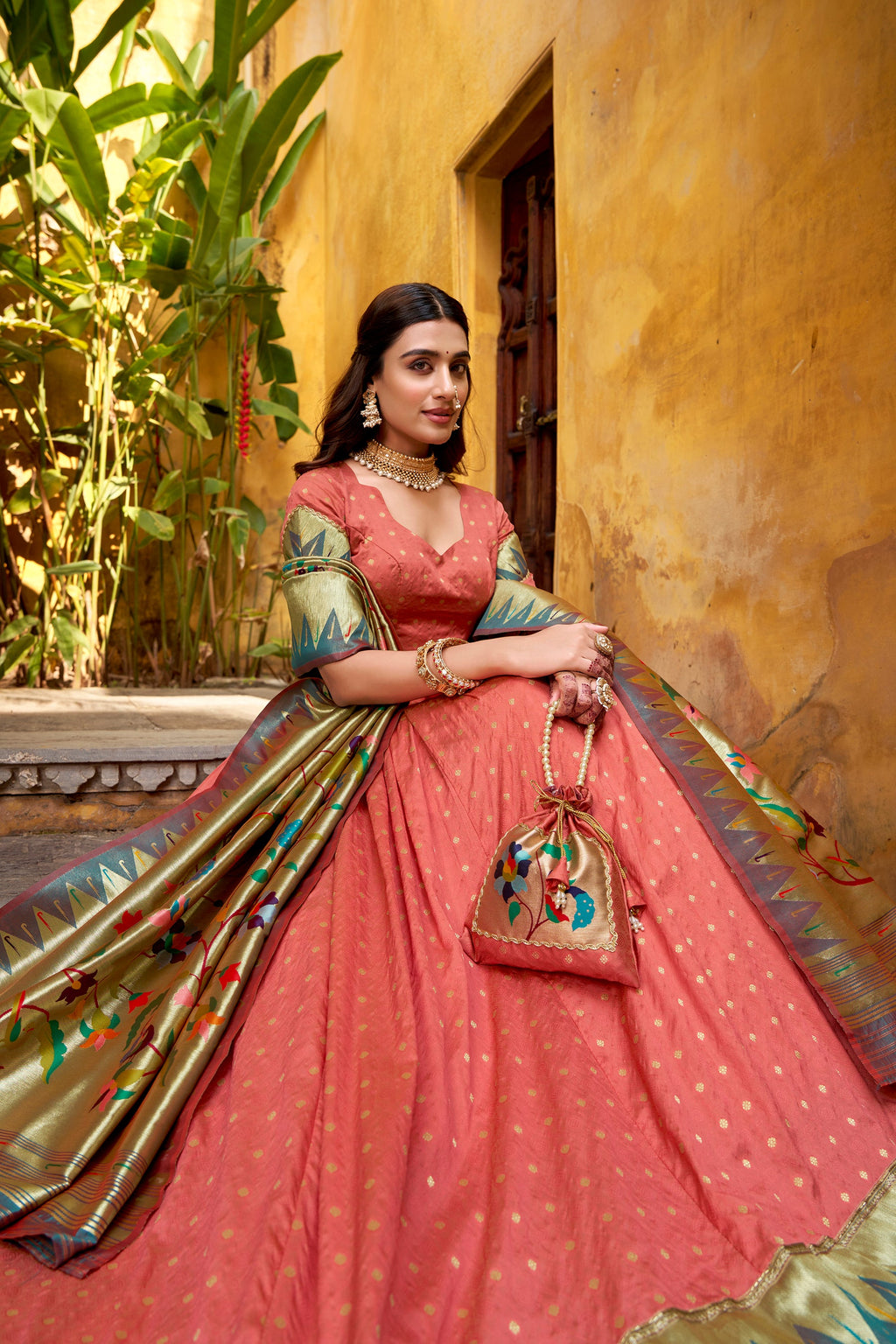 Peach Silk Paithani Lehenga Choli with Zari Weaving and Lace