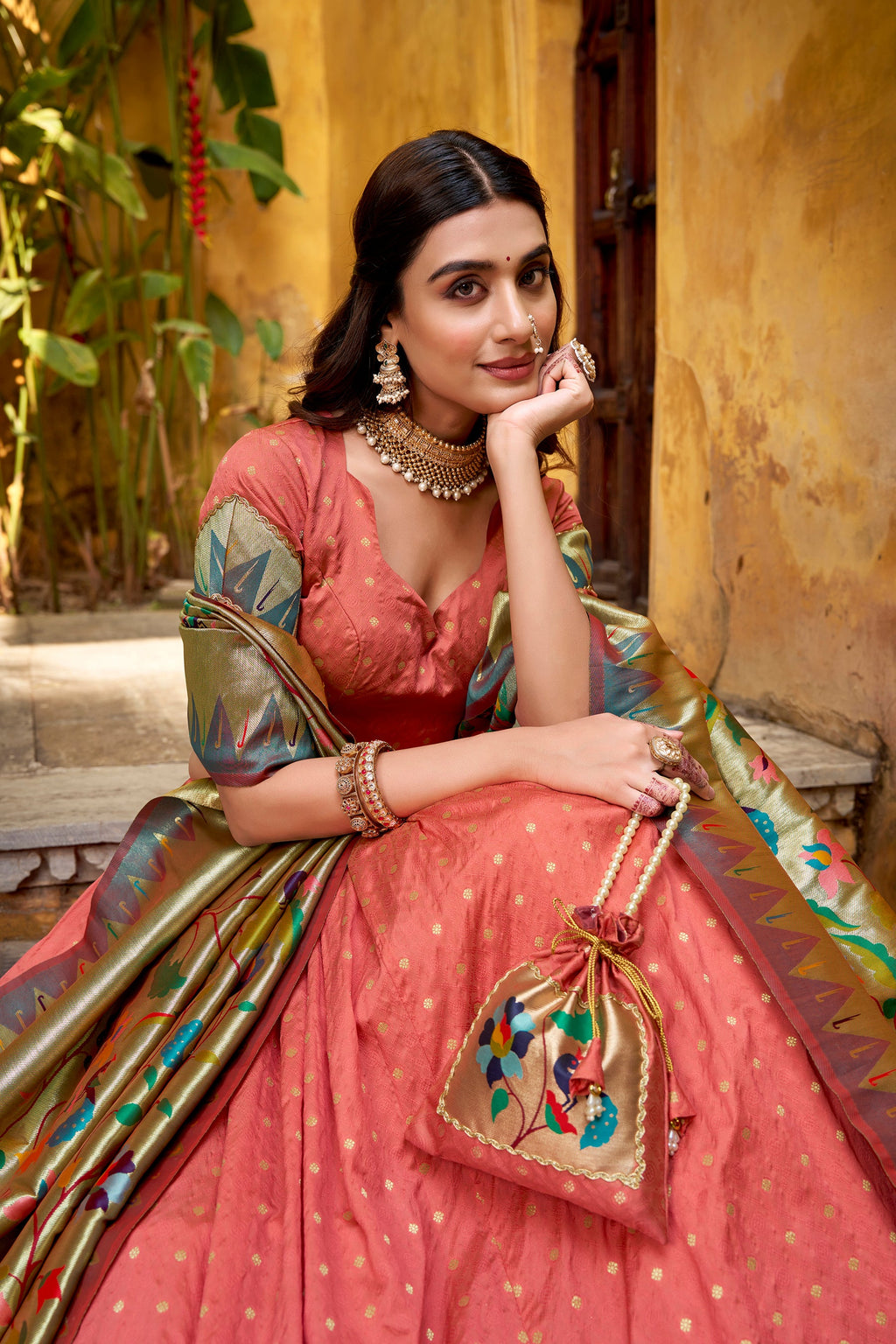 Peach Silk Paithani Lehenga Choli with Zari Weaving and Lace