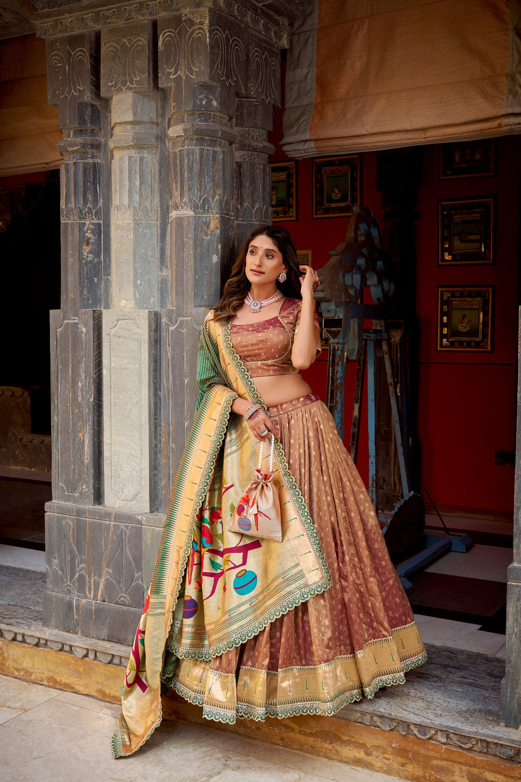Brown Simmer Organza Lehenga Choli with Zari Weaving and Lace