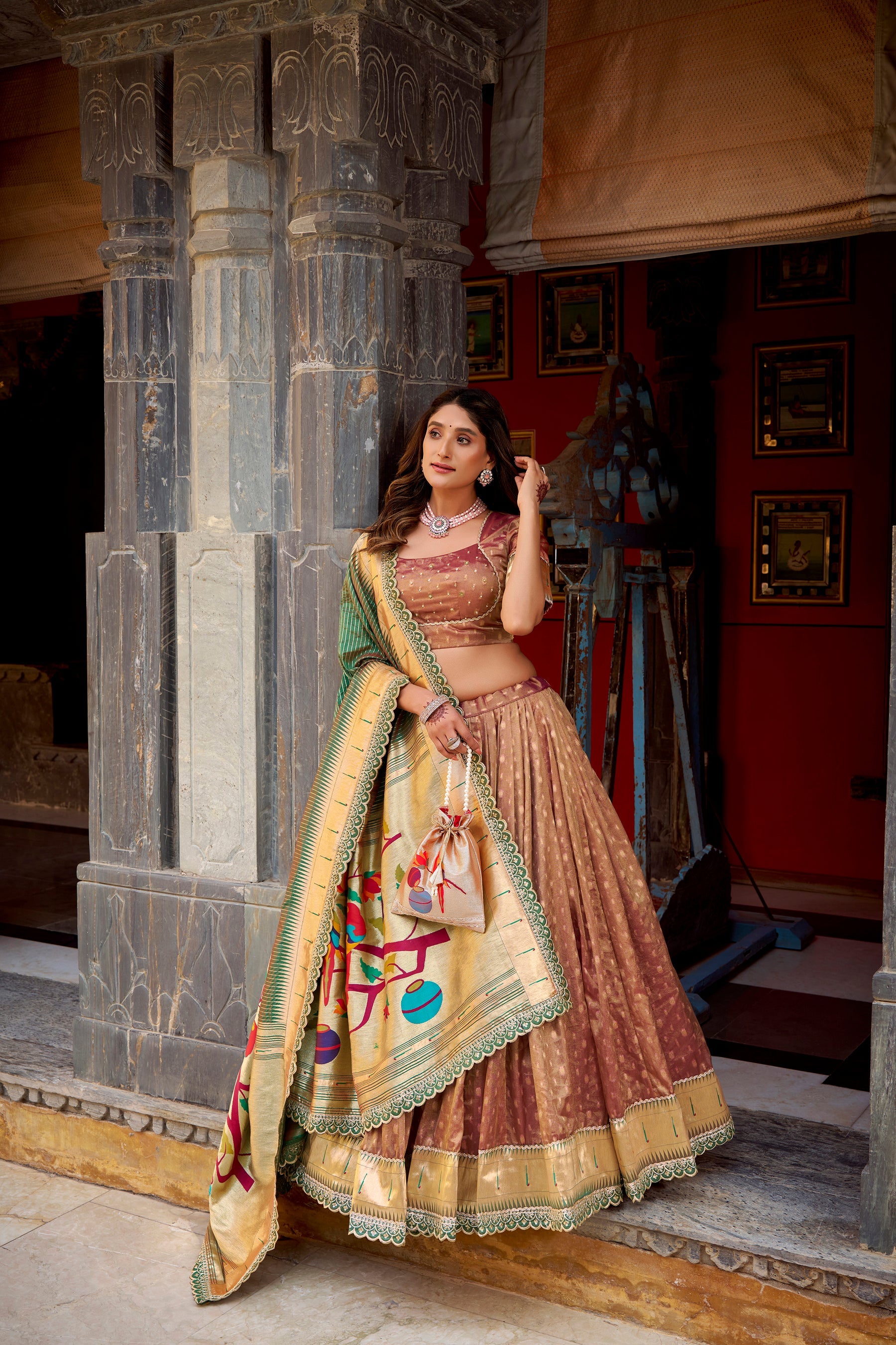 Brown Simmer Organza Lehenga Choli with Zari Weaving and Lace