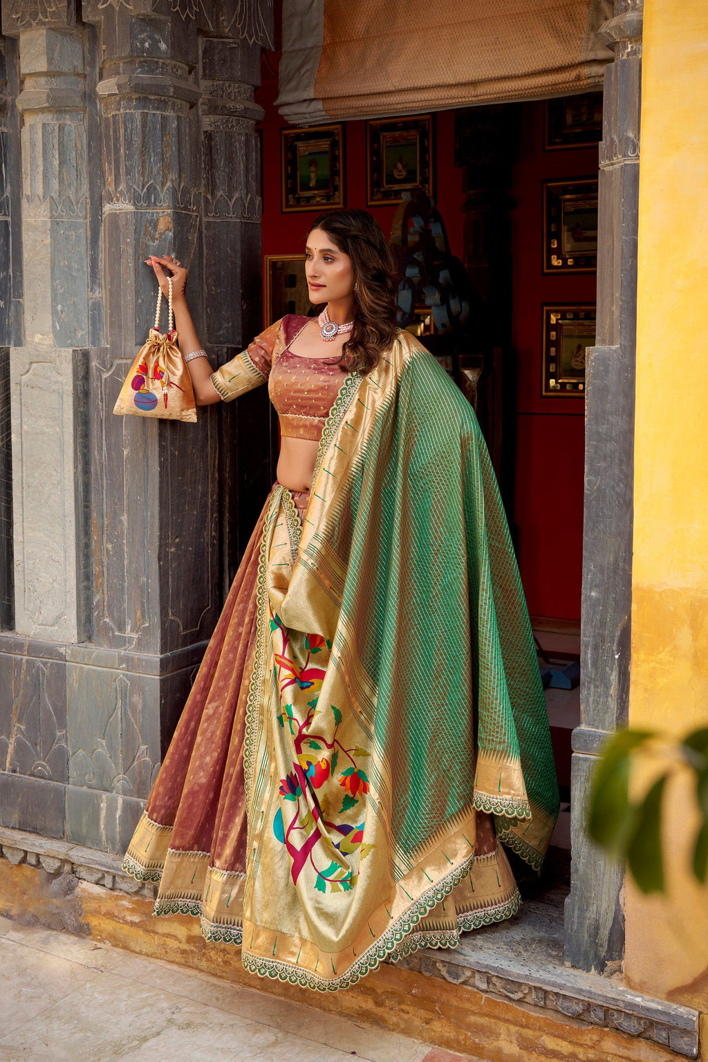 Brown Simmer Organza Lehenga Choli with Zari Weaving and Lace