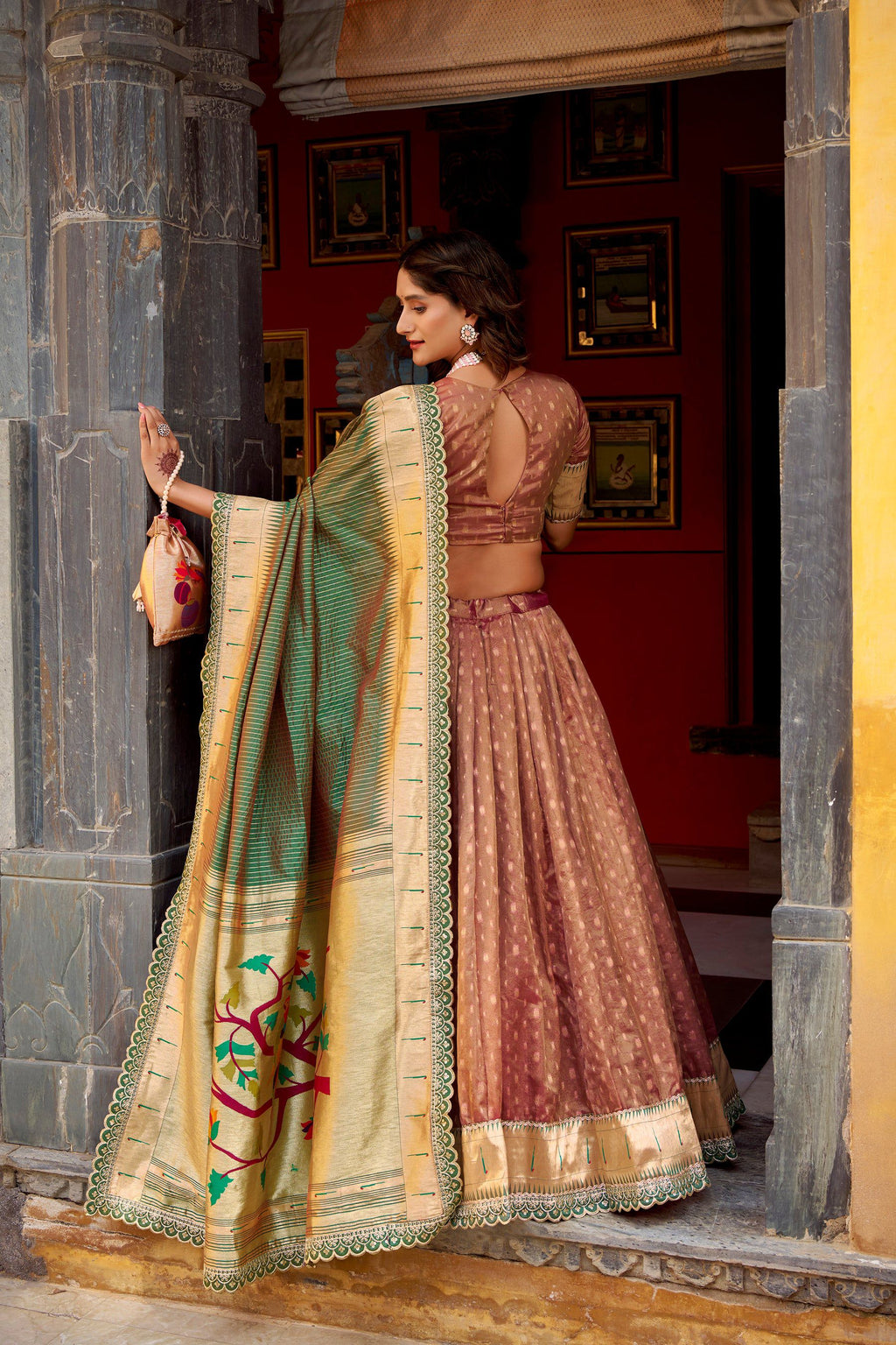 Brown Simmer Organza Lehenga Choli with Zari Weaving and Lace