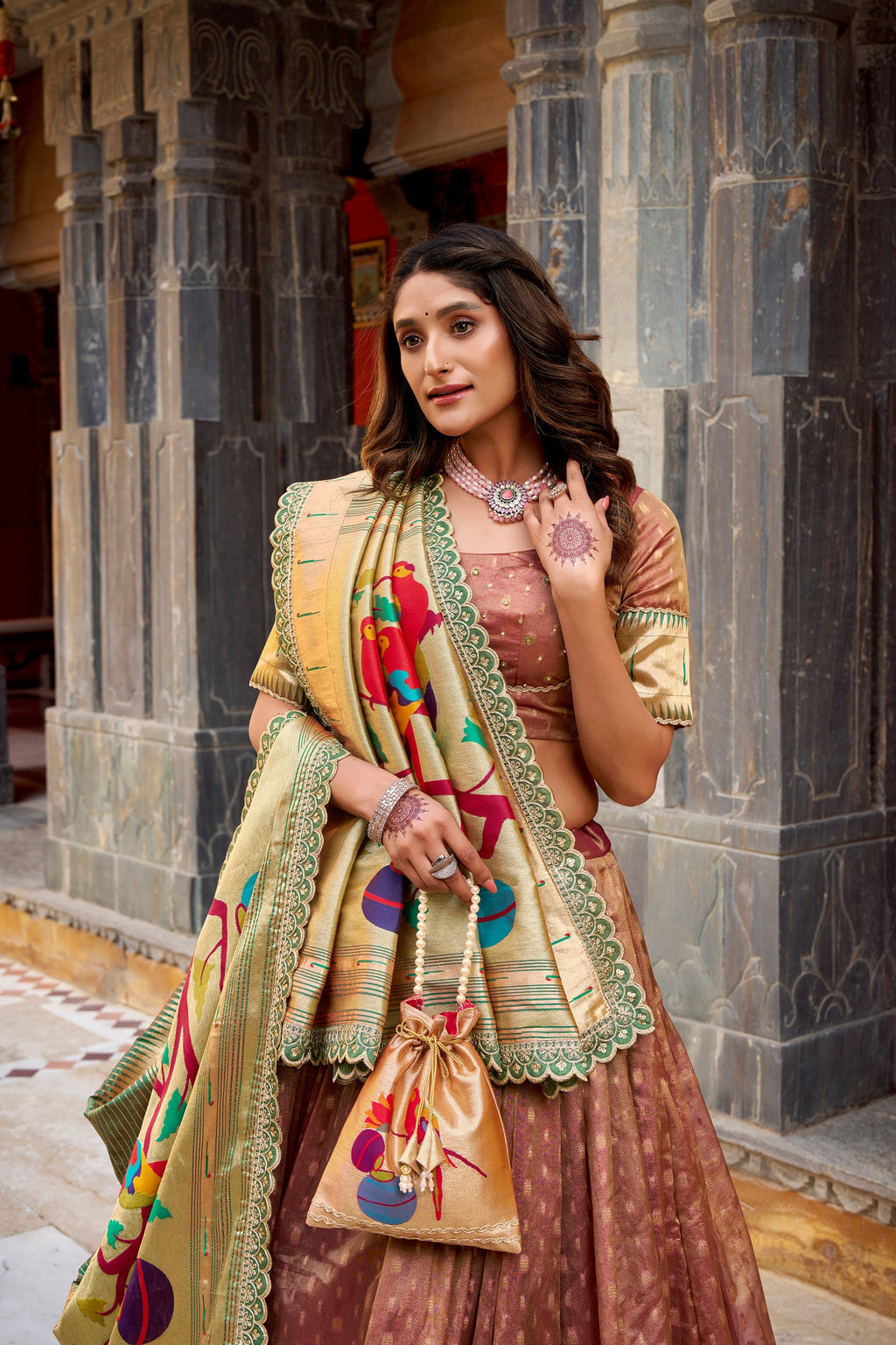 Brown Simmer Organza Lehenga Choli with Zari Weaving and Lace