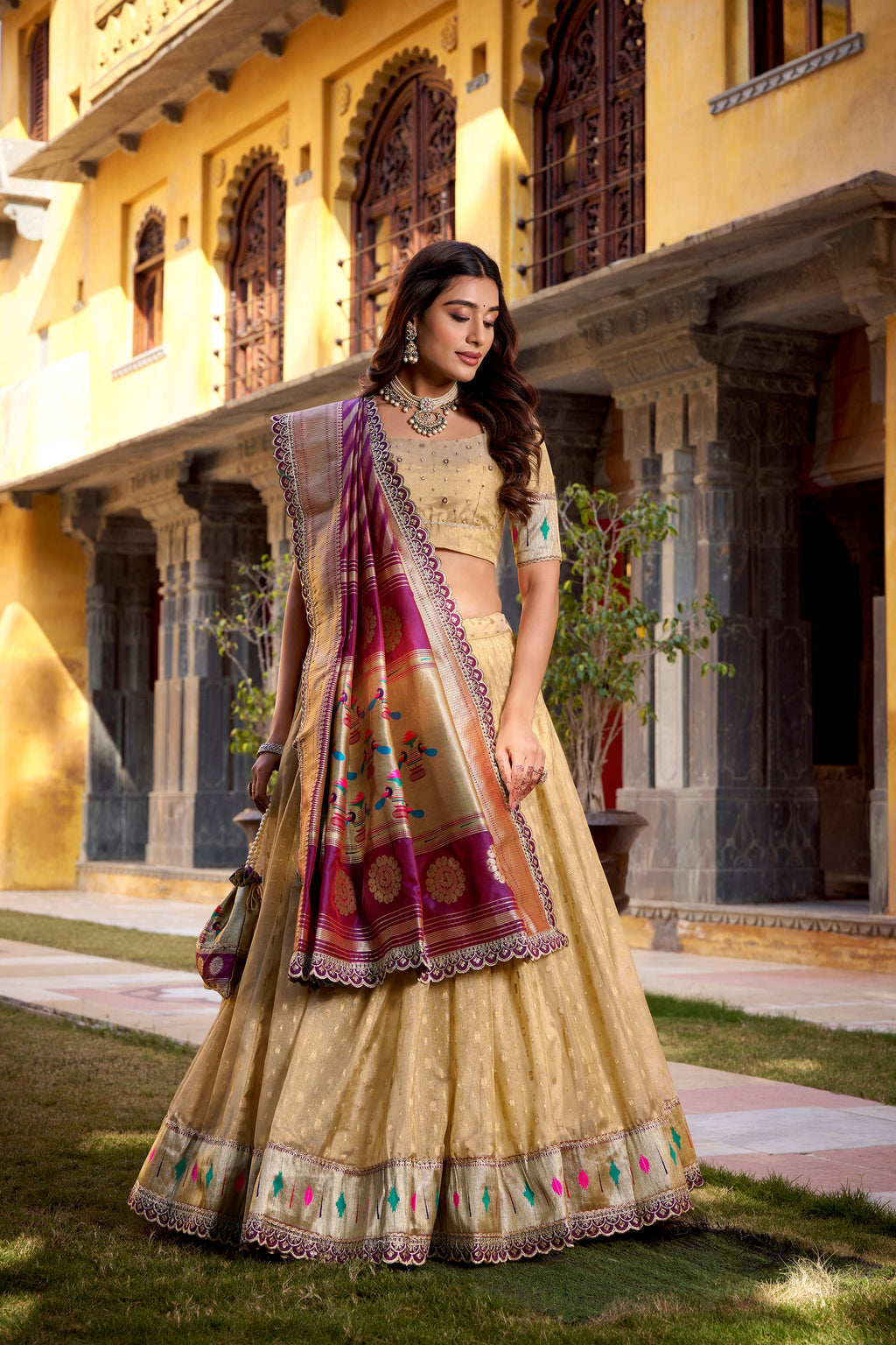 Cream Simmer Organza Lehenga Choli with Zari Weaving and Lace