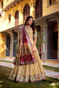 Cream Simmer Organza Lehenga Choli with Zari Weaving and Lace