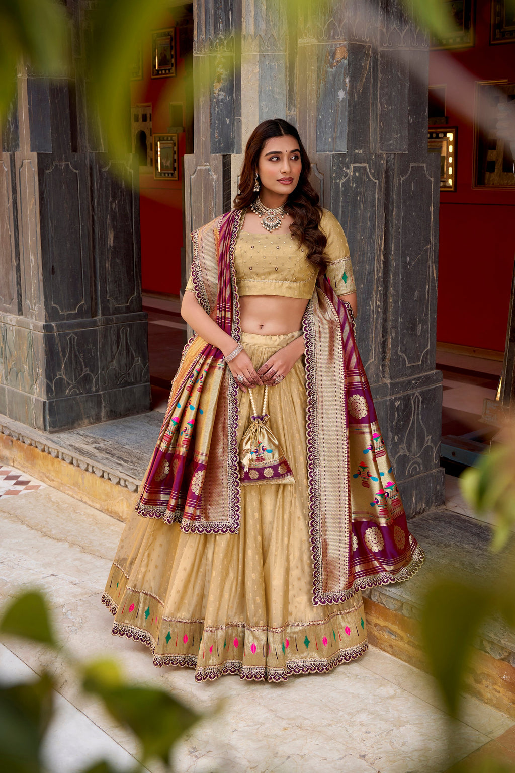 Cream Simmer Organza Lehenga Choli with Zari Weaving and Lace
