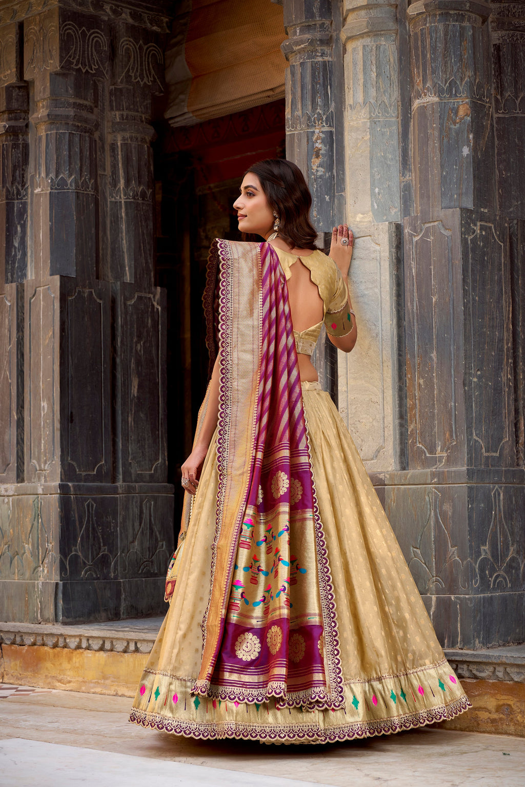 Cream Simmer Organza Lehenga Choli with Zari Weaving and Lace