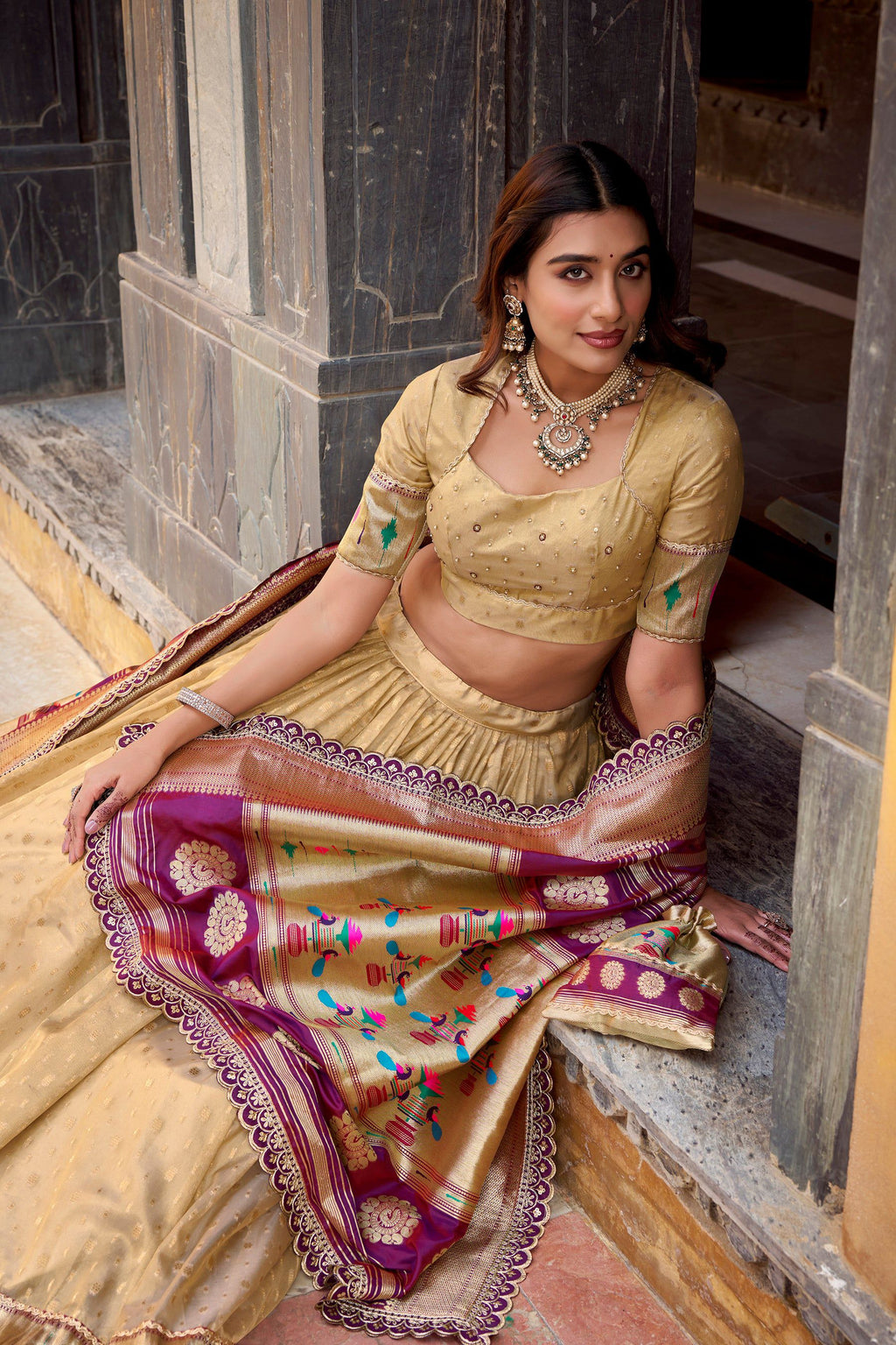 Cream Simmer Organza Lehenga Choli with Zari Weaving and Lace