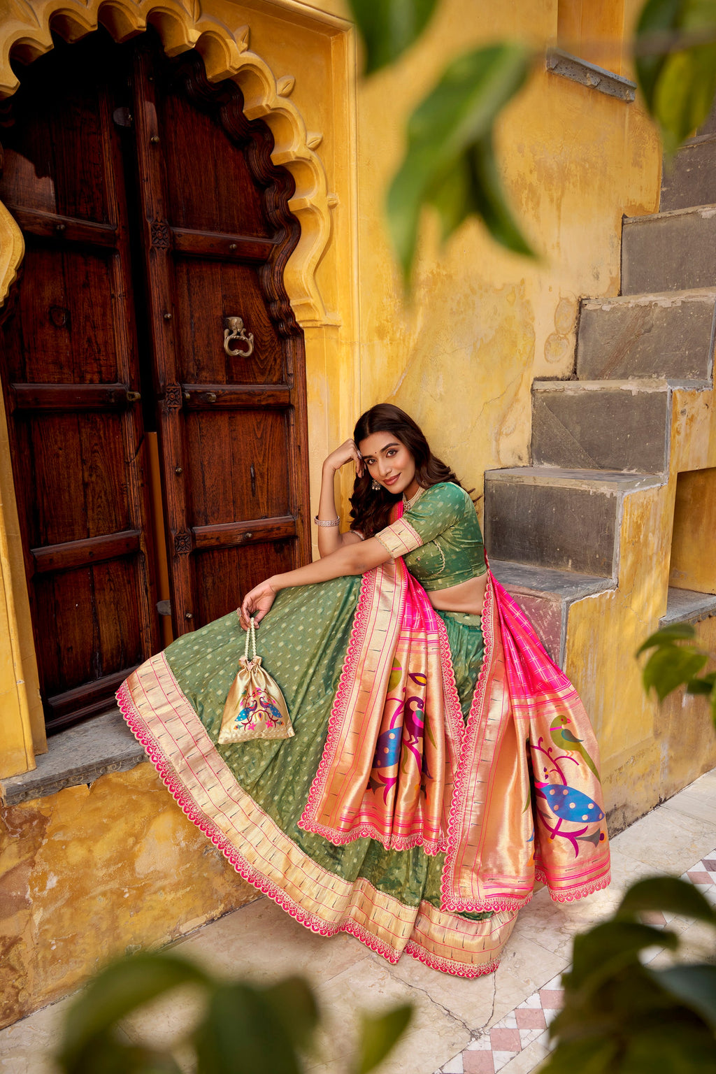 Green Simmer Organza Zari Weaving Lehenga Choli with Lace Border