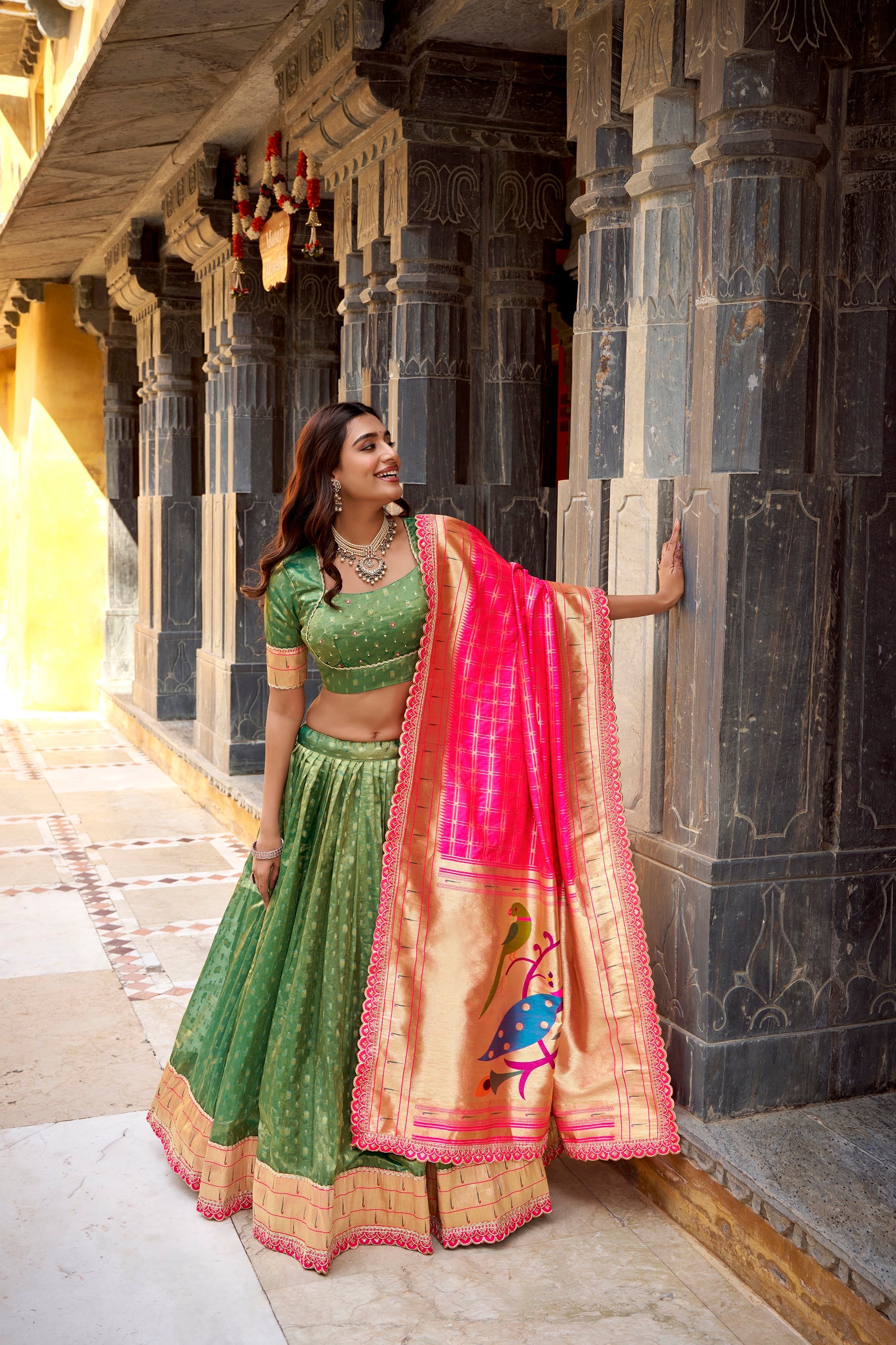Green Simmer Organza Zari Weaving Lehenga Choli with Lace Border