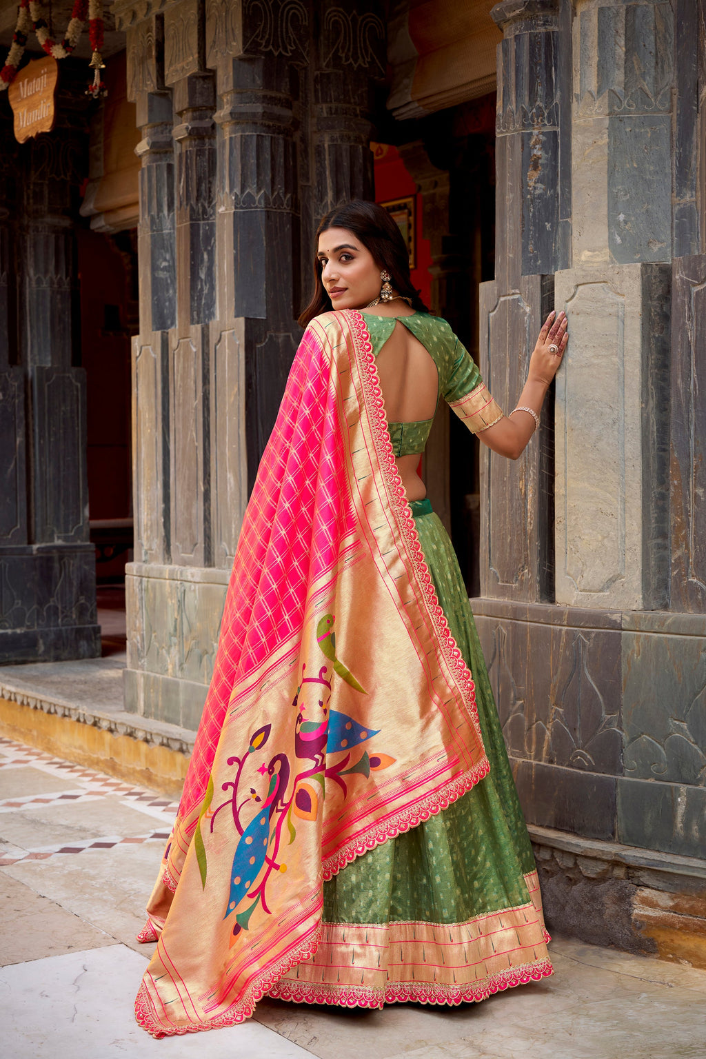 Green Simmer Organza Zari Weaving Lehenga Choli with Lace Border