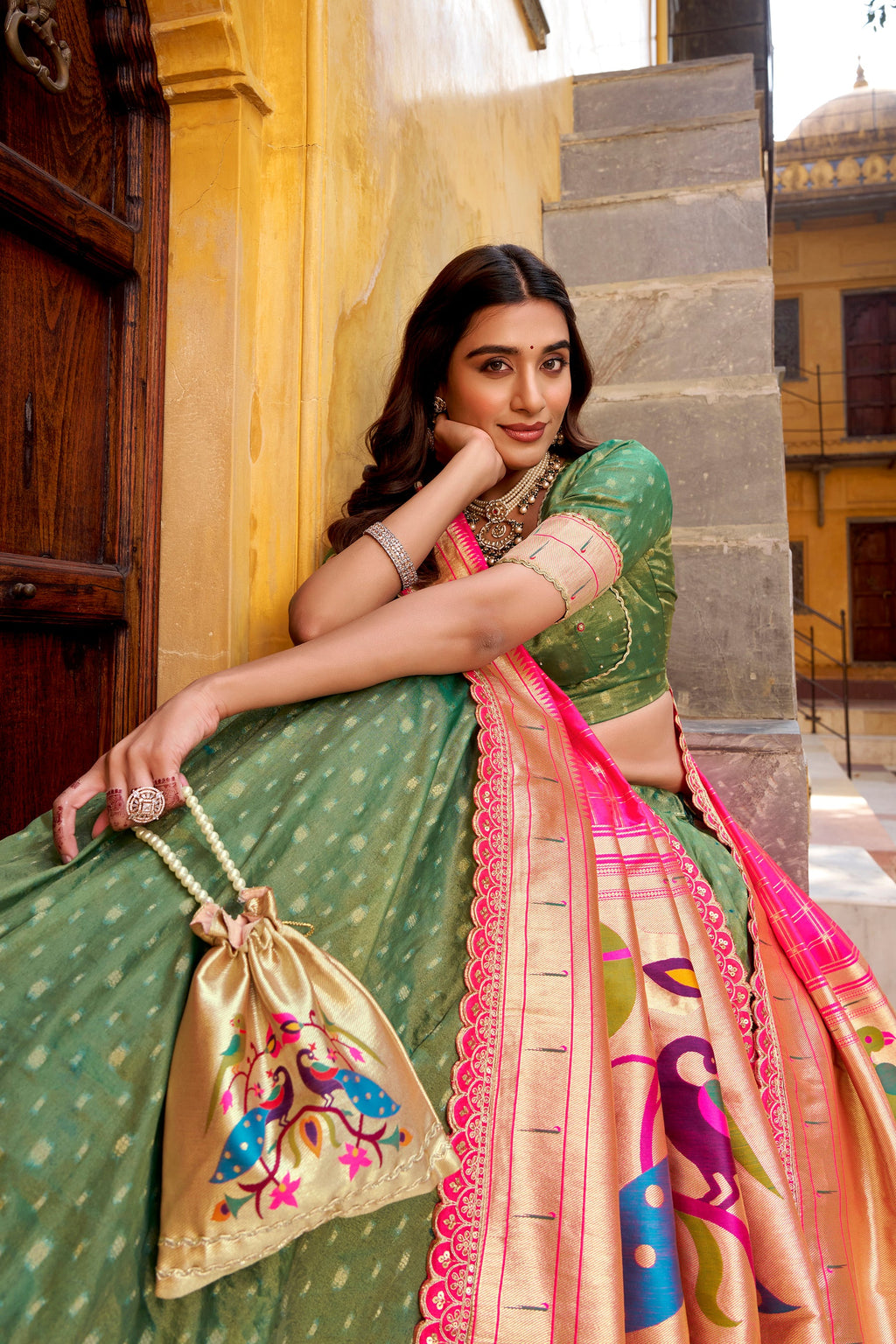 Green Simmer Organza Zari Weaving Lehenga Choli with Lace Border