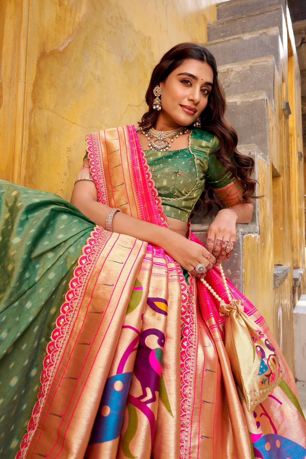 Green Simmer Organza Zari Weaving Lehenga Choli with Lace Border