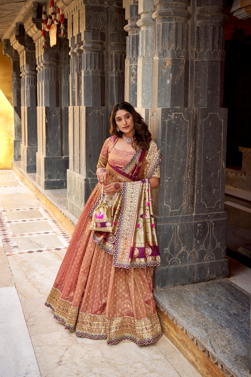 Peach Simmer Organza Lehenga Choli Set with Zari Weaving and Lace