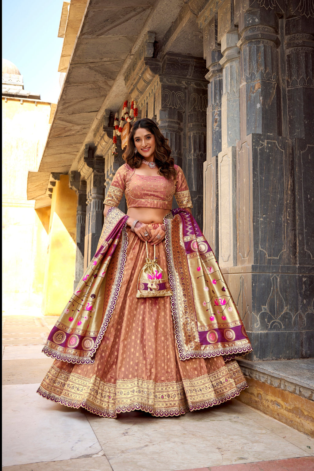 Peach Simmer Organza Lehenga Choli Set with Zari Weaving and Lace