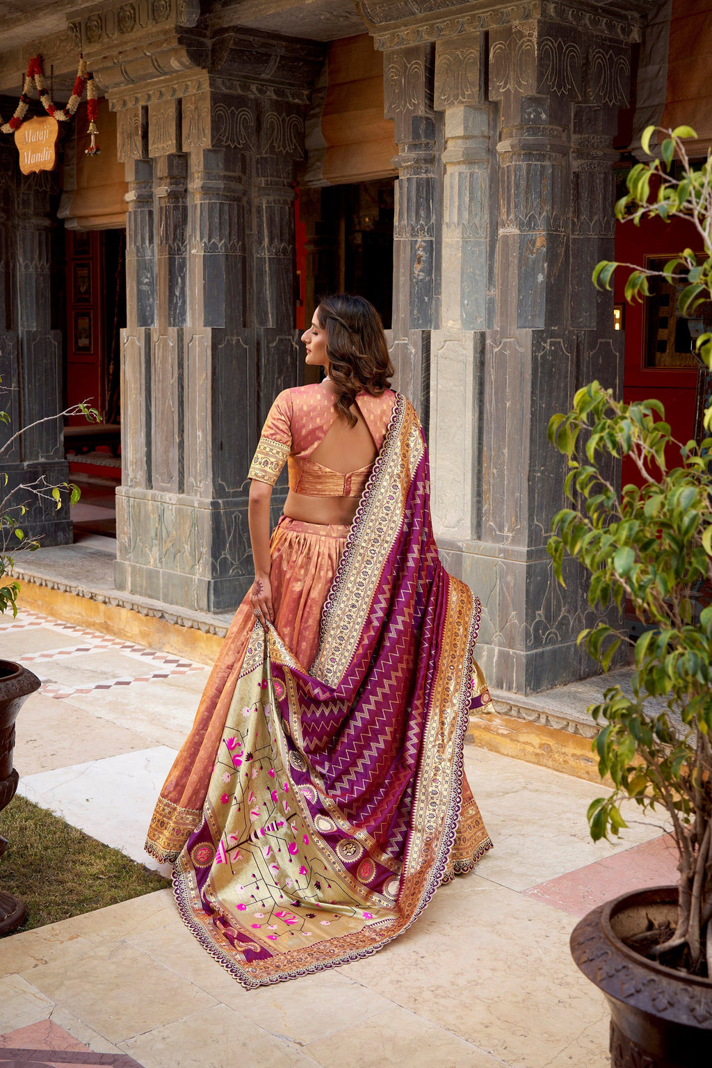 Peach Simmer Organza Lehenga Choli Set with Zari Weaving and Lace