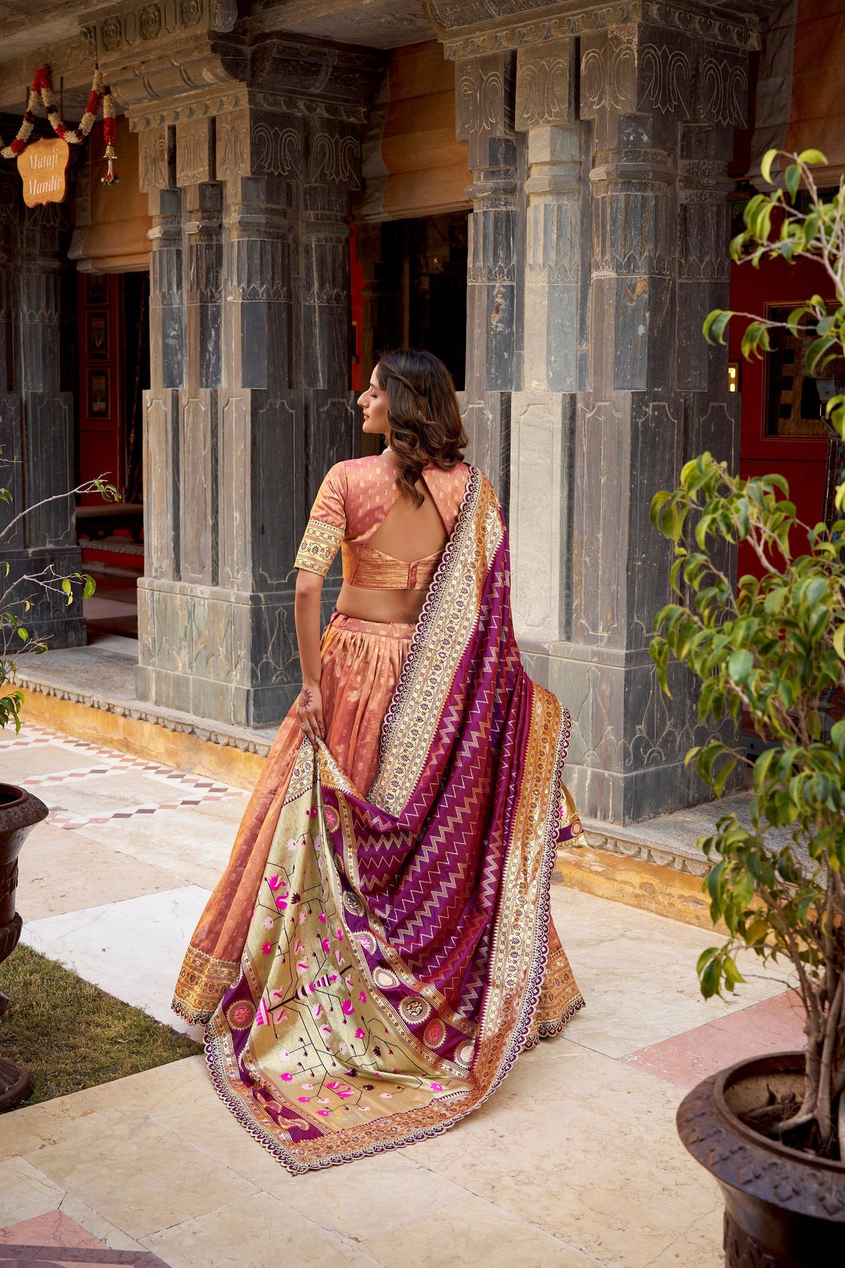 Peach Simmer Organza Lehenga Choli Set with Zari Weaving and Lace