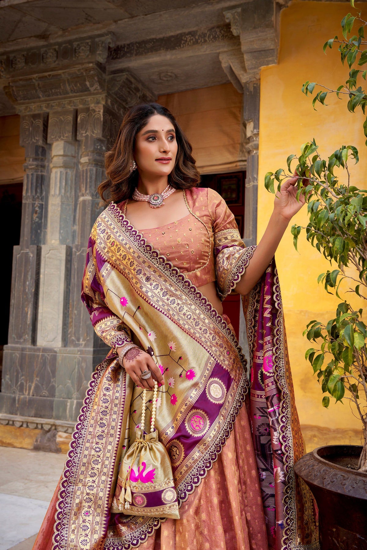 Peach Simmer Organza Lehenga Choli Set with Zari Weaving and Lace