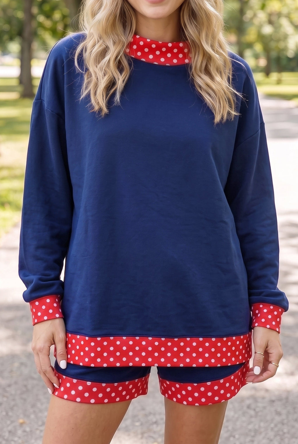 Dark Blue Polka Dot Trim Baggy Pullover 2pcs Short Set