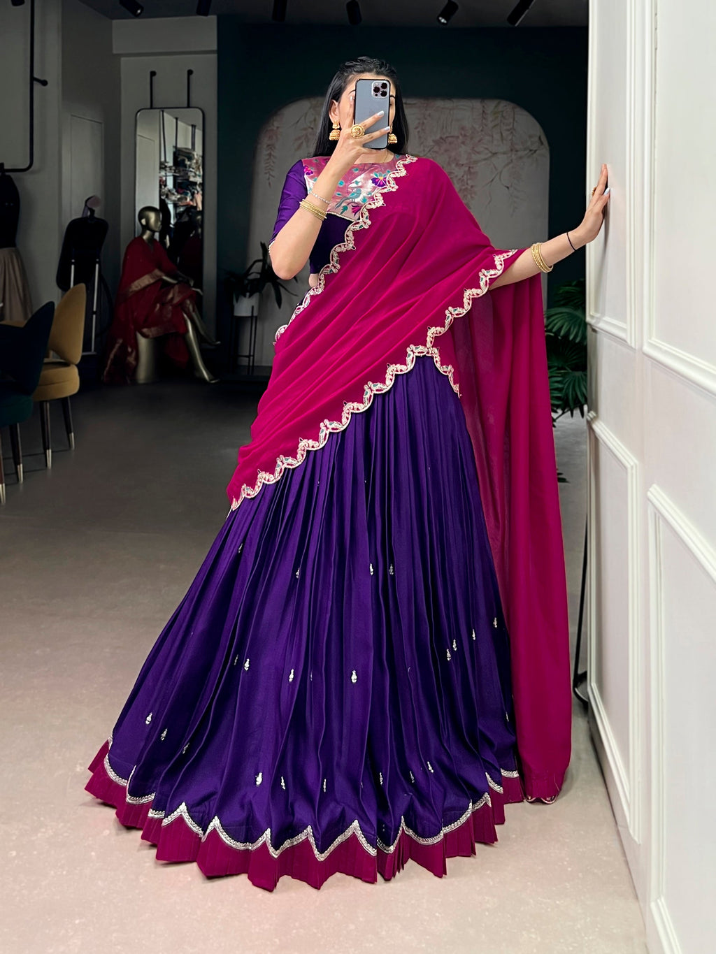 Purple Naysha Silk lehenga choli with heavy sequins, thread embroidery, and lace border