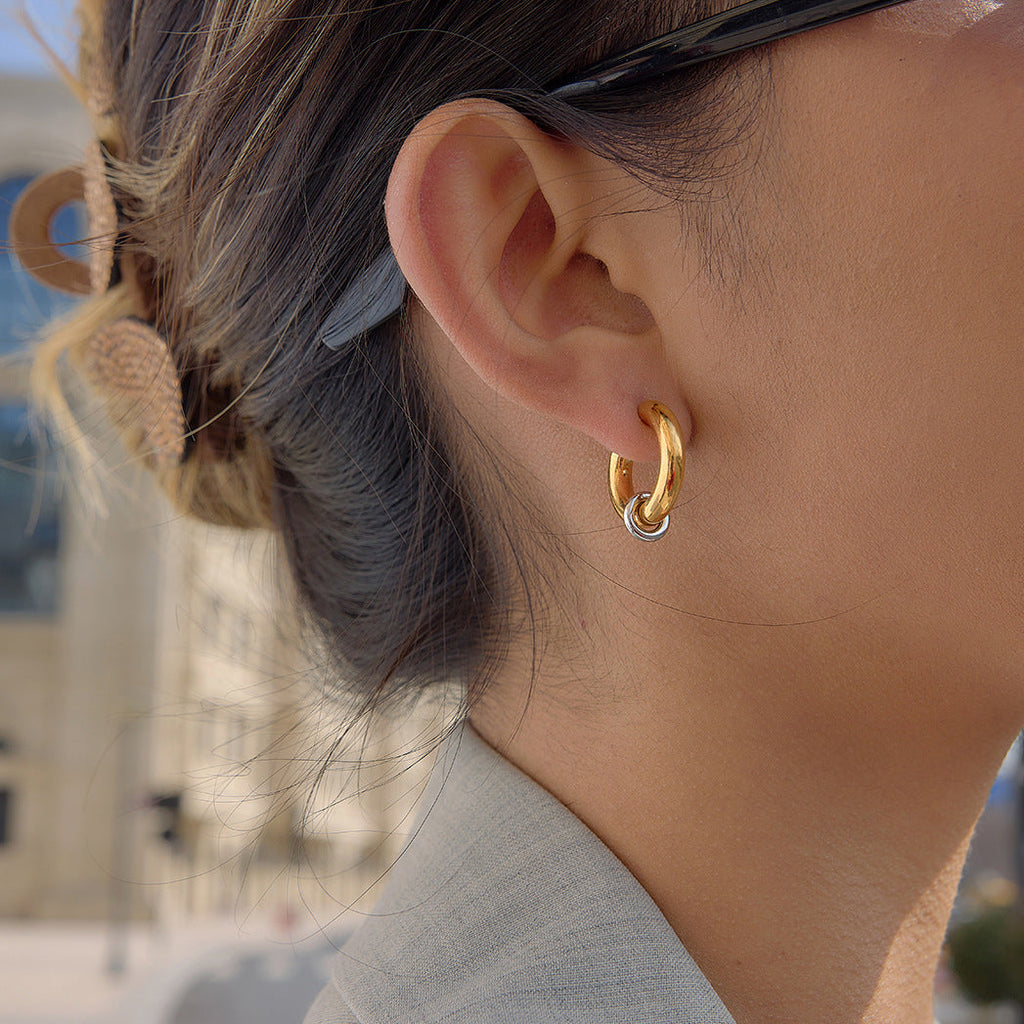 Two-Tone Stainless Steel C-Hoop Earrings with Ring Accent