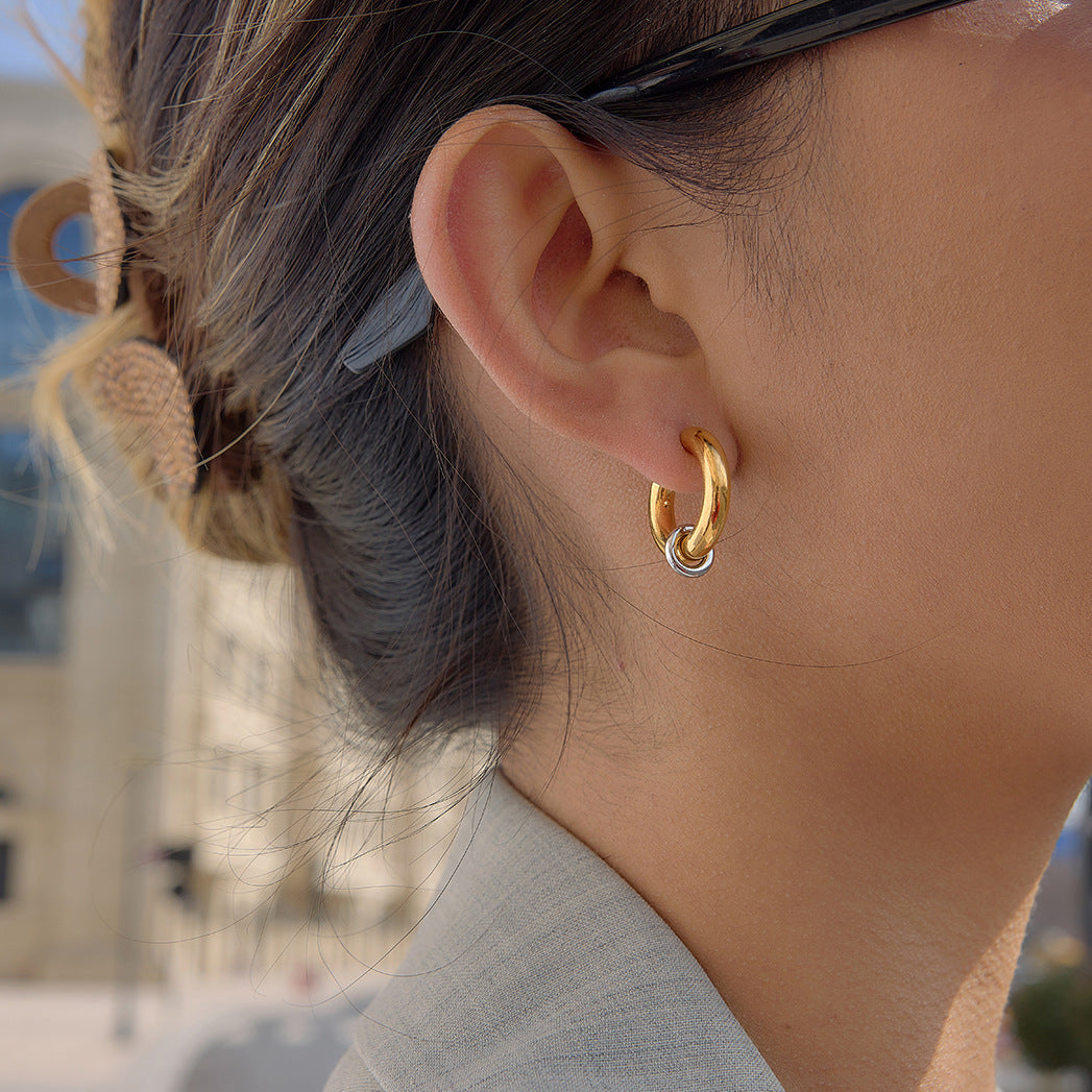 Two-Tone Stainless Steel C-Hoop Earrings with Ring Accent