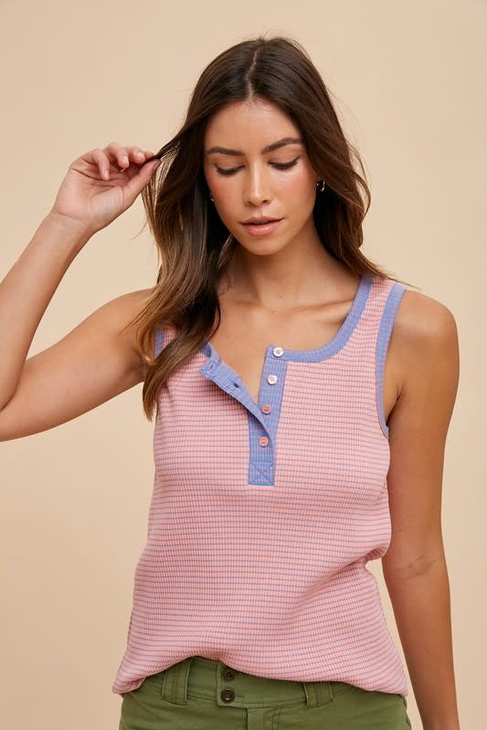 Contrast Striped Rib Henley Tank Top in Light Mauve
