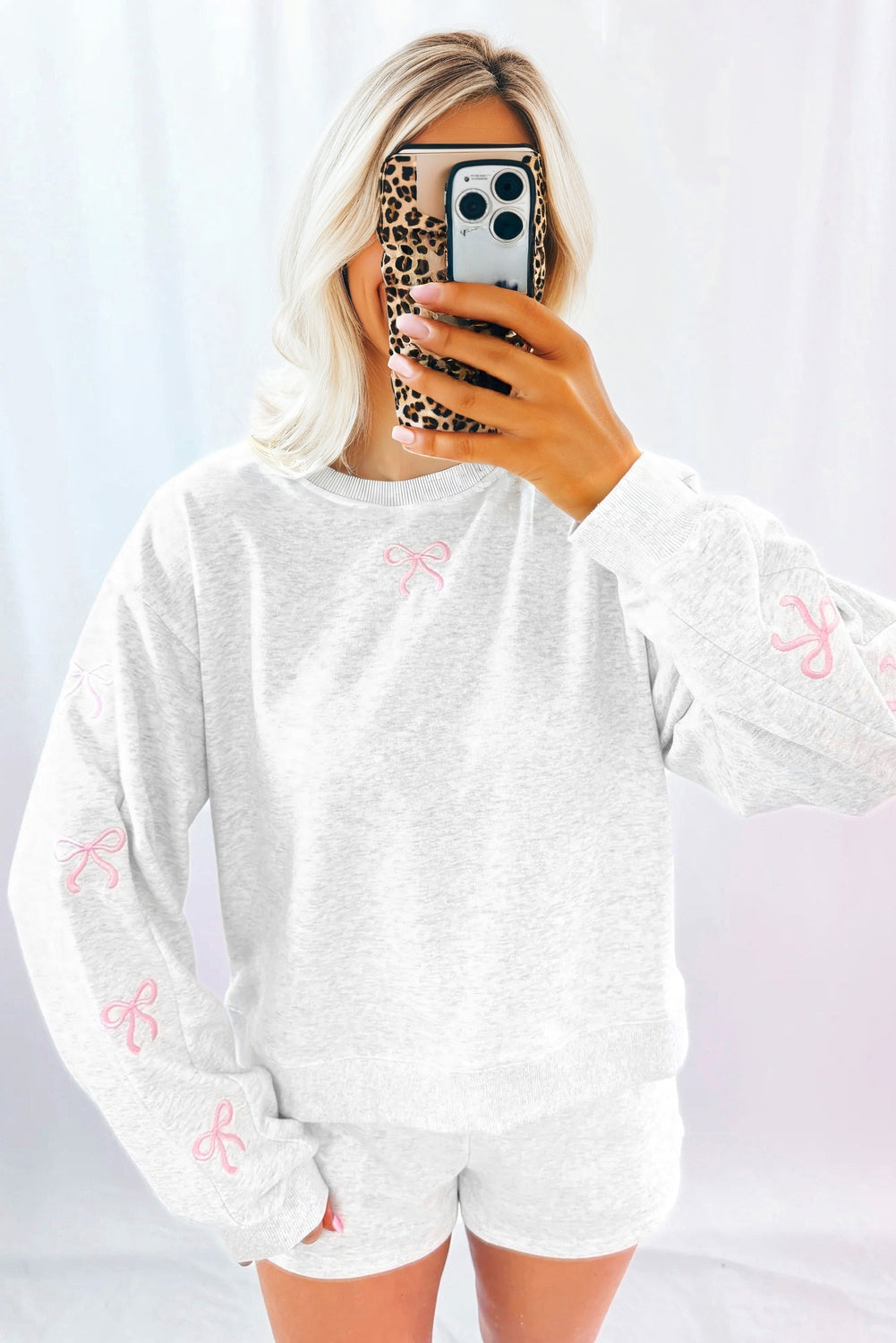 Sachet Pink Bow Embroidered Puff Sleeve Pullover 2pc Set