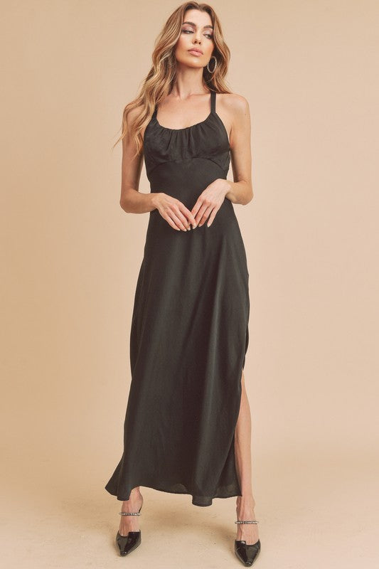 Ruched Side Slit Cutout Back Maxi Cami Dress