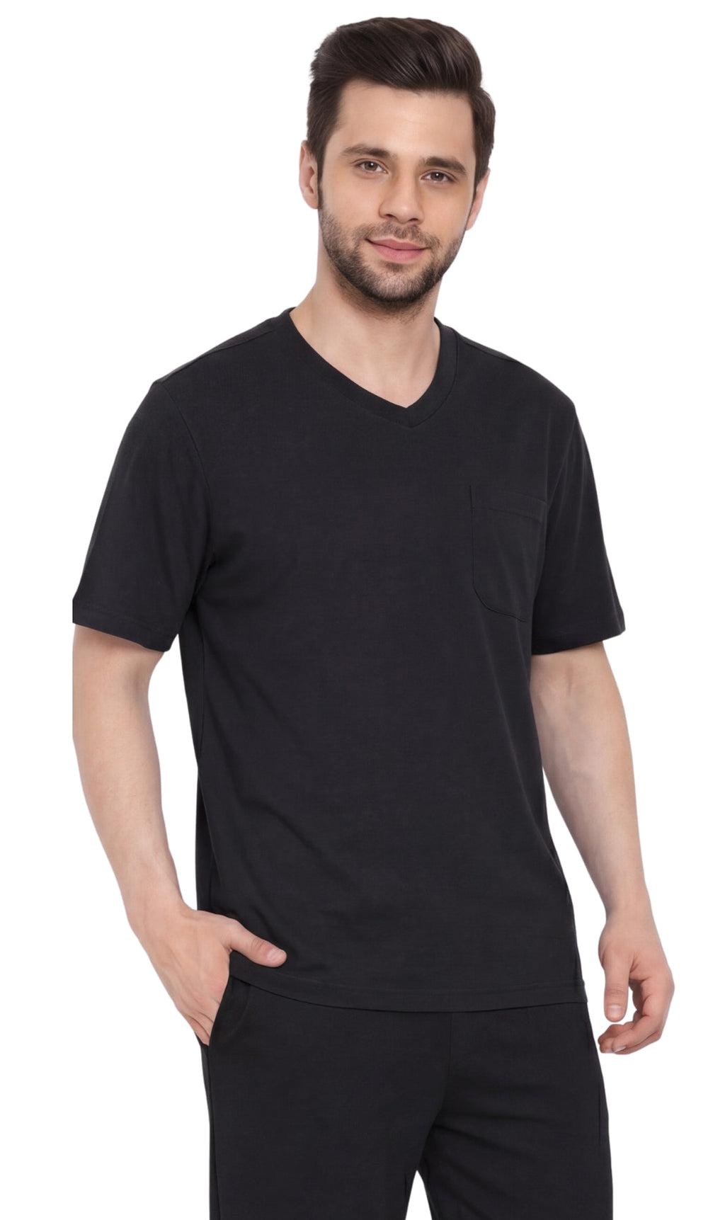Men's heavyweight v-neck t-shirt with chest pocket in black, blue, red, and navy colors.