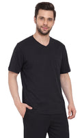 Men's heavyweight v-neck t-shirt with chest pocket in black, blue, red, and navy colors.