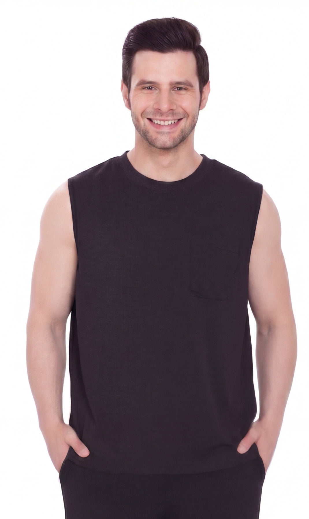 Men's heavyweight sleeveless crew neck t-shirt with chest pocket in solid color