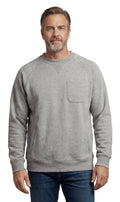 Men's grey and blue pullover fleece sweatshirt featuring raglan seams and multiple pockets