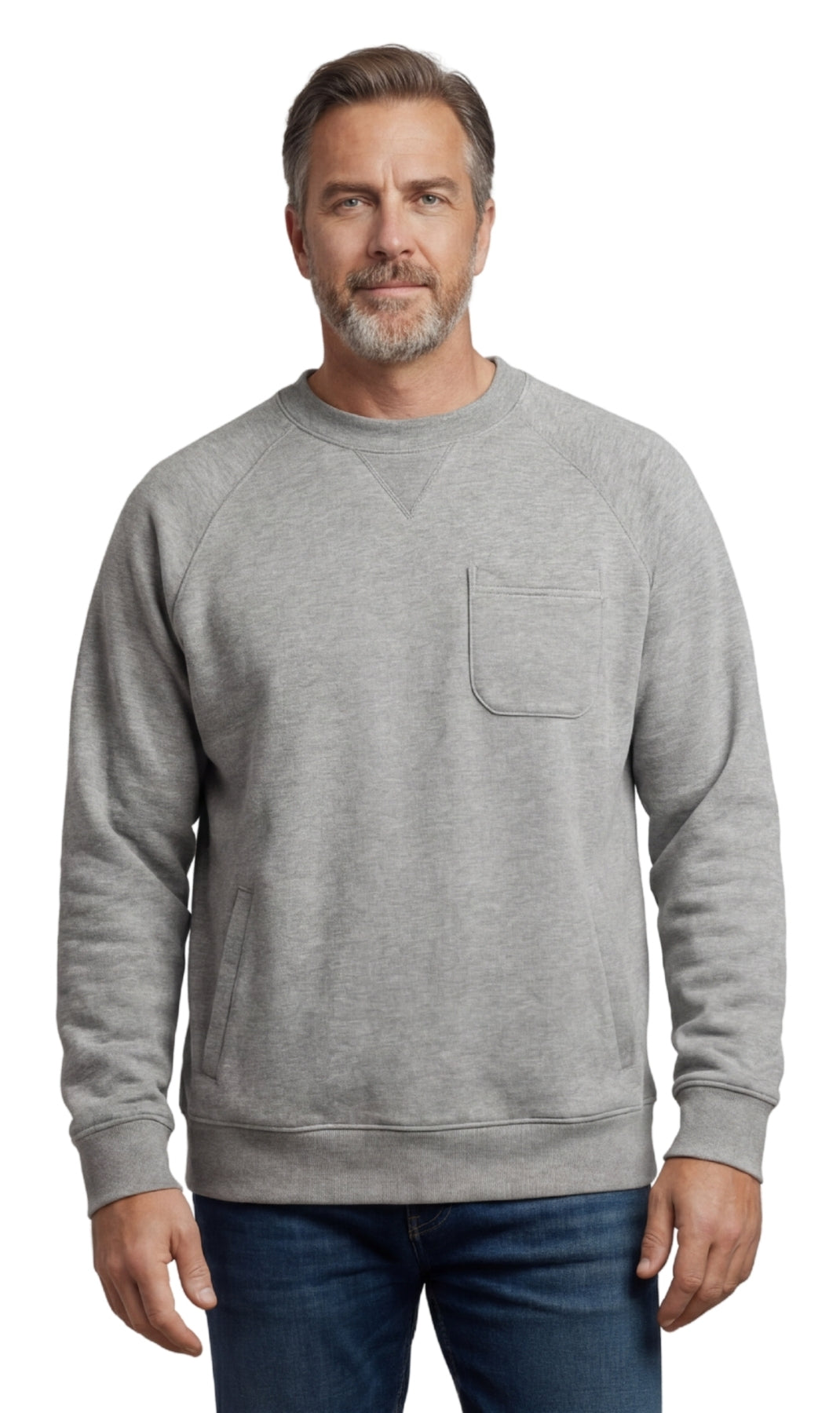 Men's grey and blue pullover fleece sweatshirt featuring raglan seams and multiple pockets