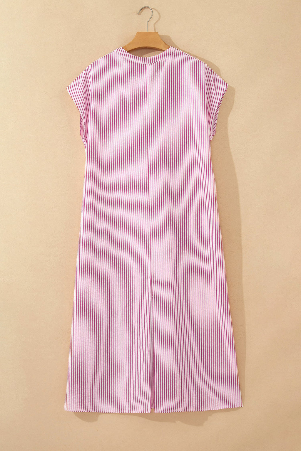 Striped Short Sleeve Long Dress with Half Button Front