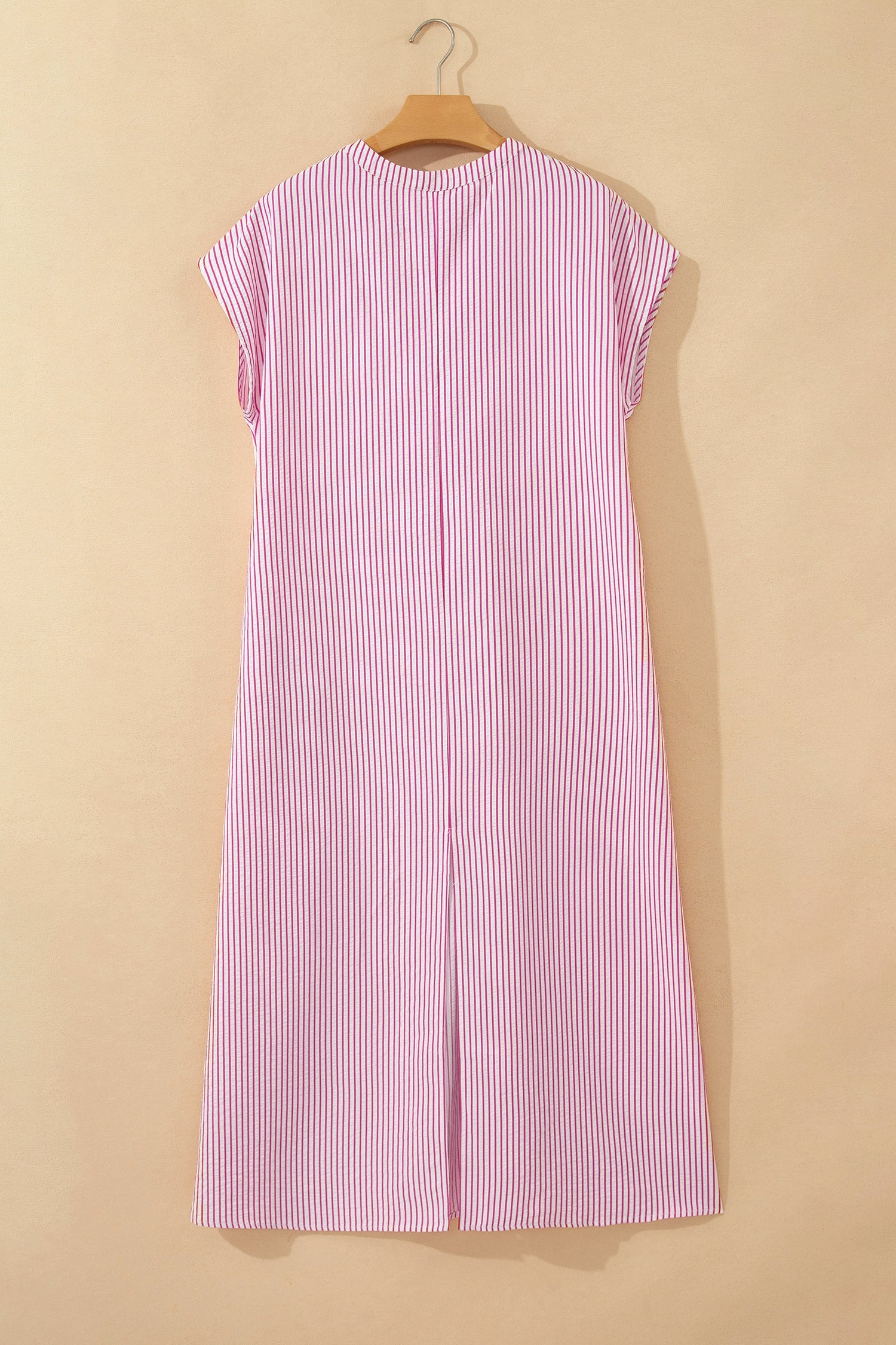 Striped Short Sleeve Long Dress with Half Button Front