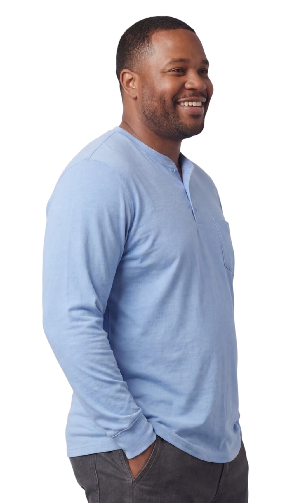 Men's Long Sleeve Henley Shirt with Chest Pocket and 3-Button Placket