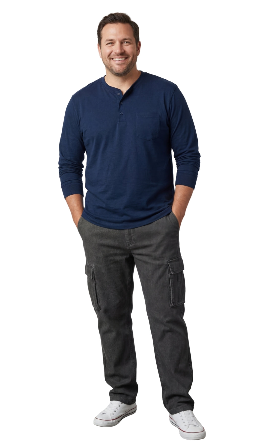 Men's Long Sleeve Henley Shirt with Chest Pocket and 3-Button Placket