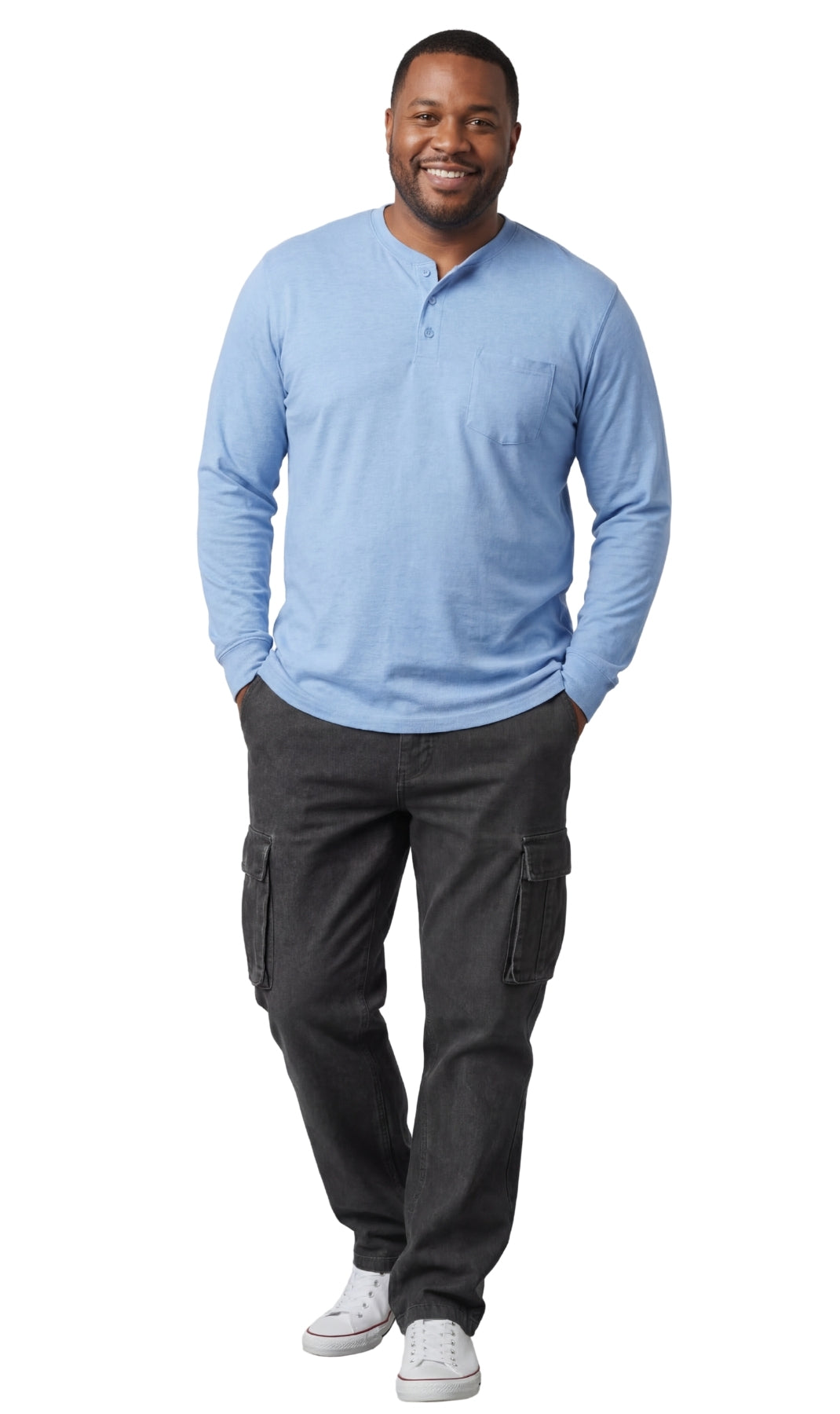 Men's Long Sleeve Henley Shirt with Chest Pocket and 3-Button Placket