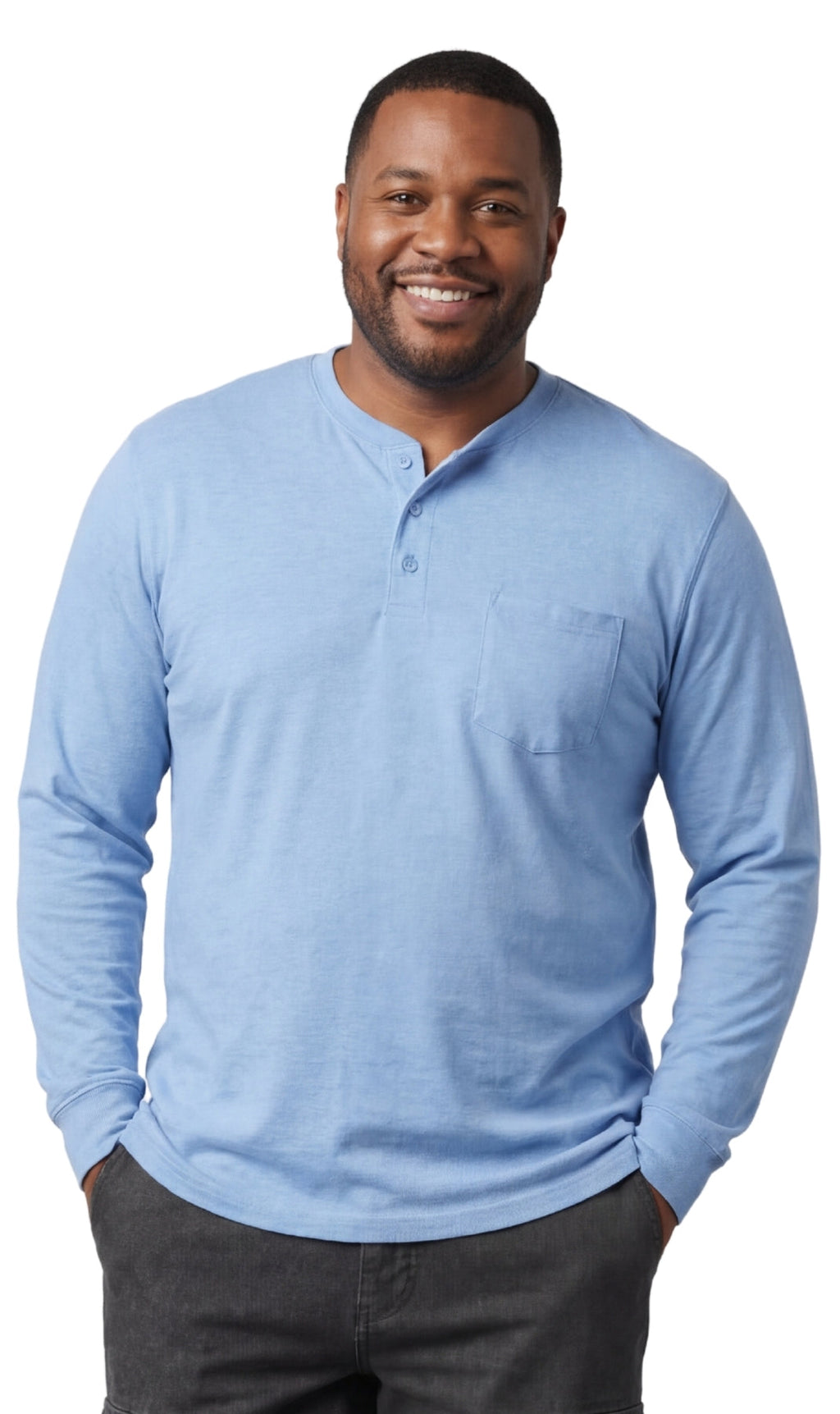 Men's long sleeve henley shirt in navy blue with a 3-button placket and chest pocket