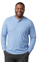 Men's long sleeve henley shirt in navy blue with a 3-button placket and chest pocket