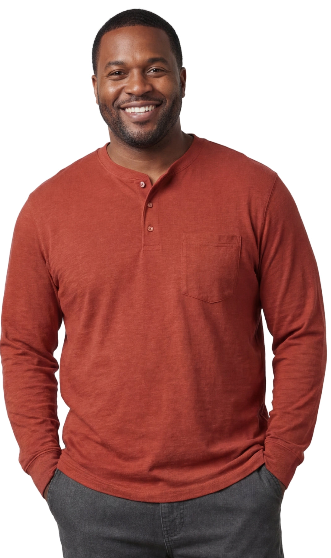 Men's Long Sleeve Henley Shirt with Chest Pocket and 3-Button Placket