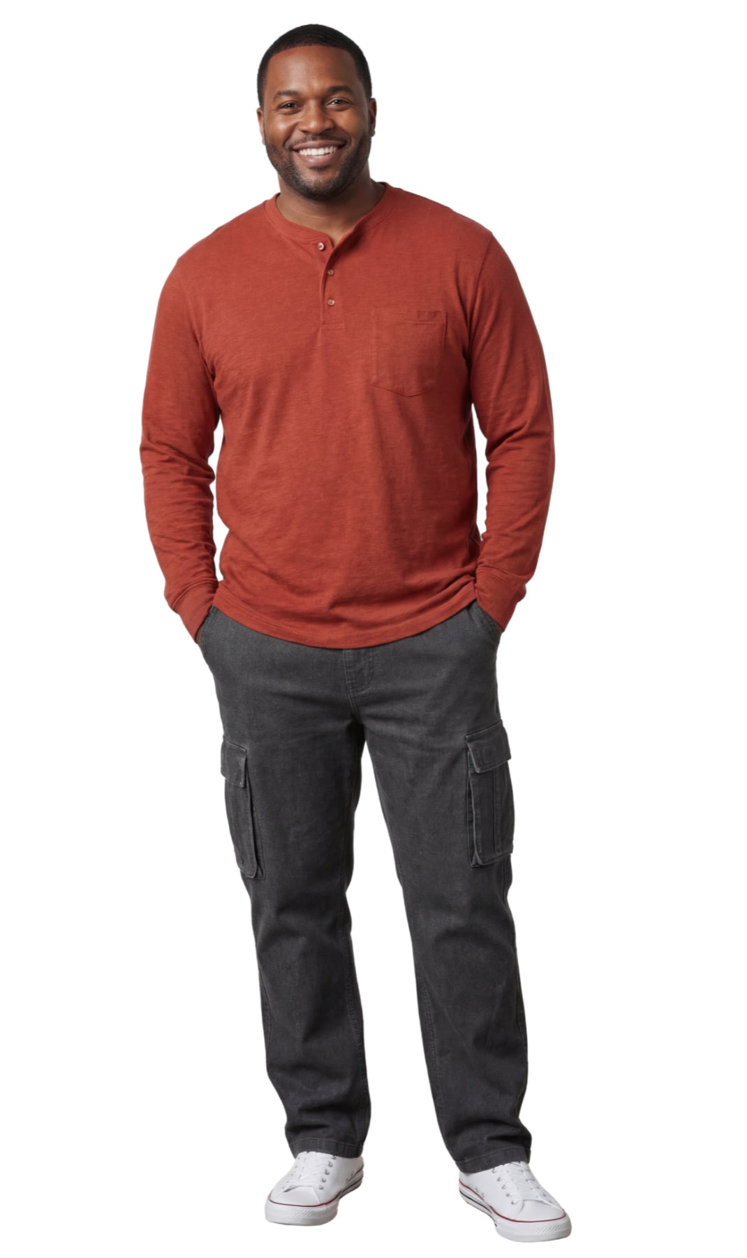 Men's Long Sleeve Henley Shirt with Chest Pocket and 3-Button Placket