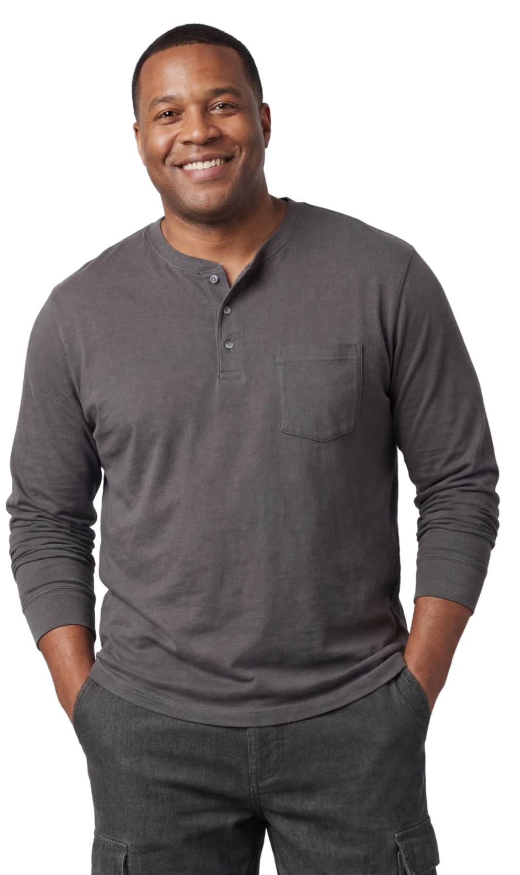 Men's Long Sleeve Henley Shirt with Chest Pocket and 3-Button Placket