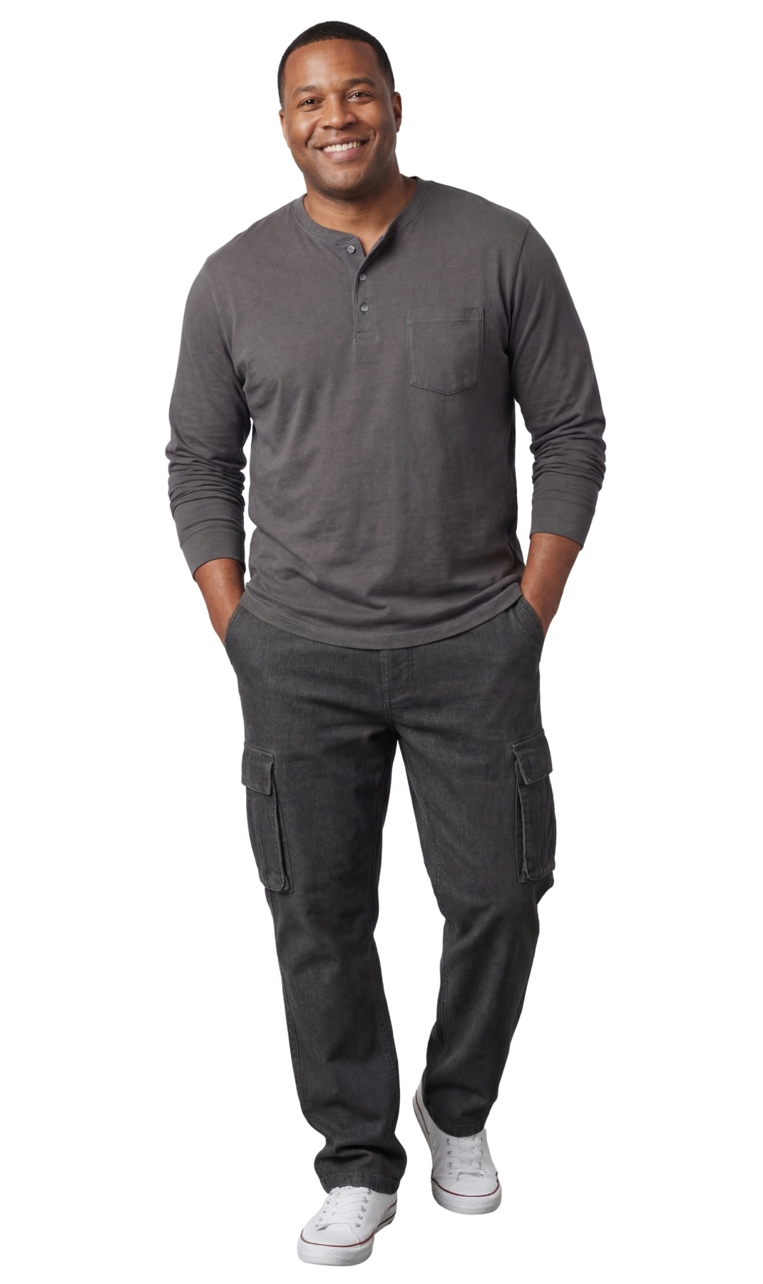 Men's Long Sleeve Henley Shirt with Chest Pocket and 3-Button Placket